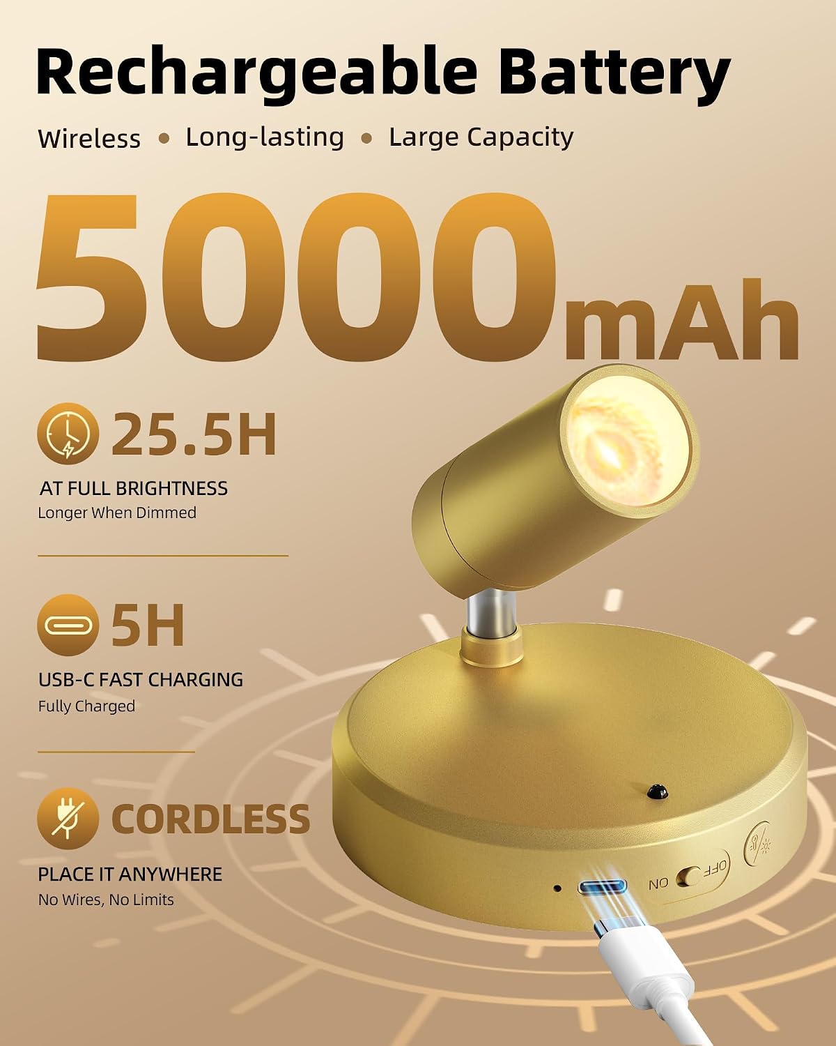 Detalle 2 de EZVALO EZL2414A Indoor LED Spotlights, Rechargeable, Remote-Controlled, Gold 2-Pack