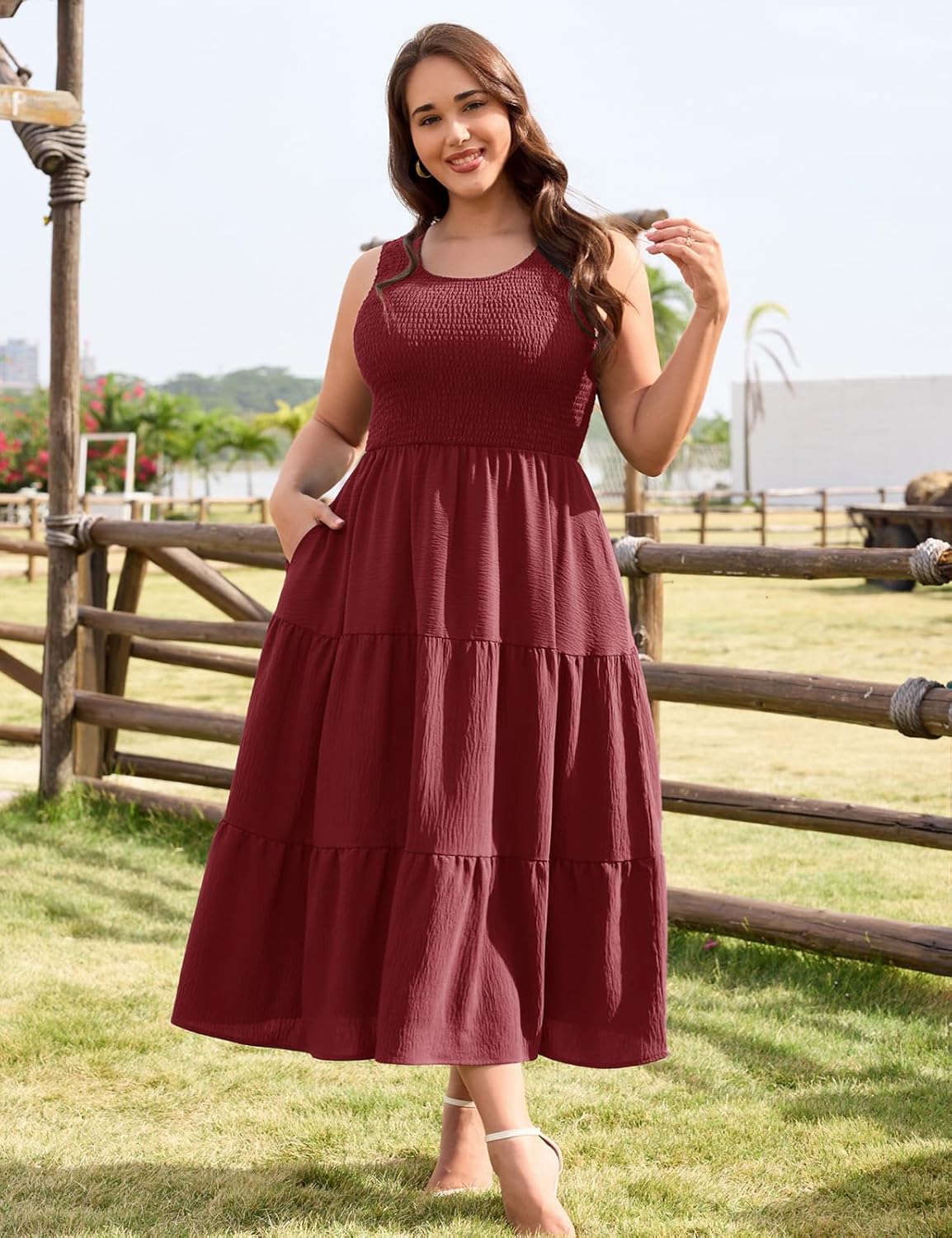 Detalle de PASUDA Robe Longue d'Été Femme Taille Grande – Col Carré, Sans Manches, Taille Haute Élastique, Fluide et Chic