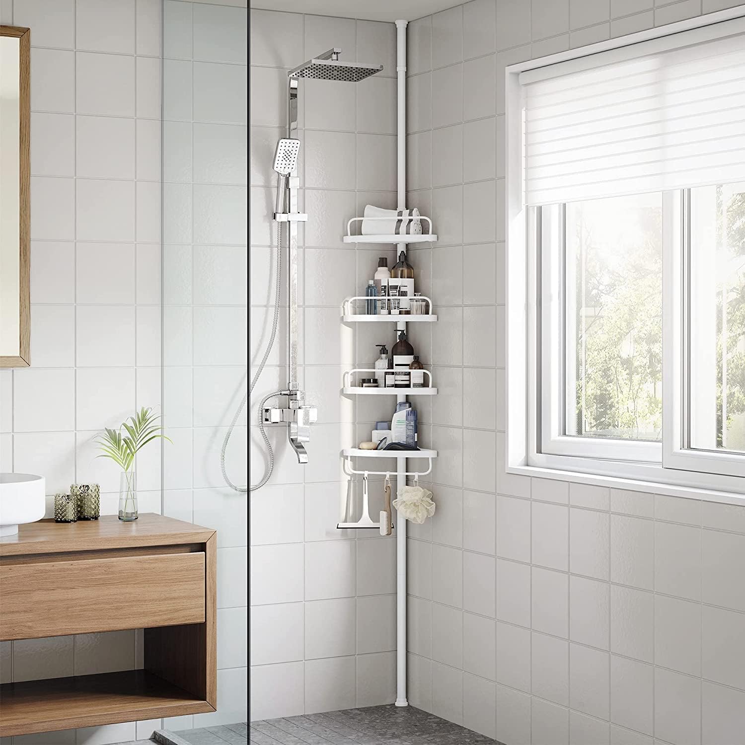 Detalle 2 de SONGMICS 85-305 cm Duschregal für Badezimmer mit Teleskoprohren und 4 Ablagen BCB001A