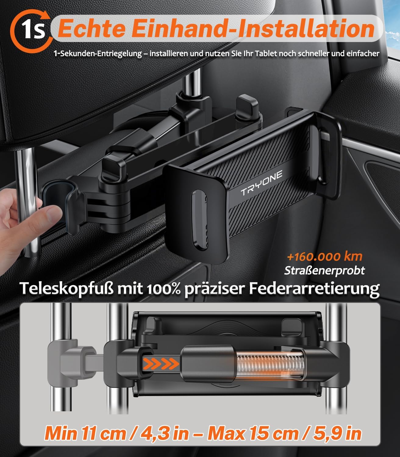 Detalle de TRYONE Tablet Halterung Auto – ausziehbare Kopfstützenhalterung für 4,7–11 Zoll Tablets (iPad, Samsung, Kindle Fire, Switch)