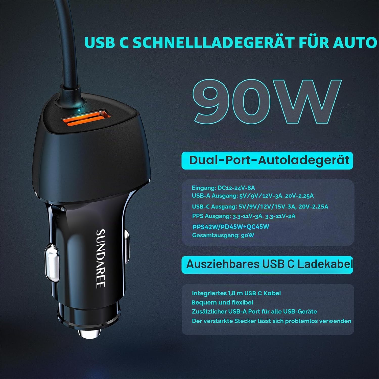Detalle de SUNDAREE Auto-Ladegerät USB-C Kabel 90W – Schnellladen für 12V/24V Fahrzeuge