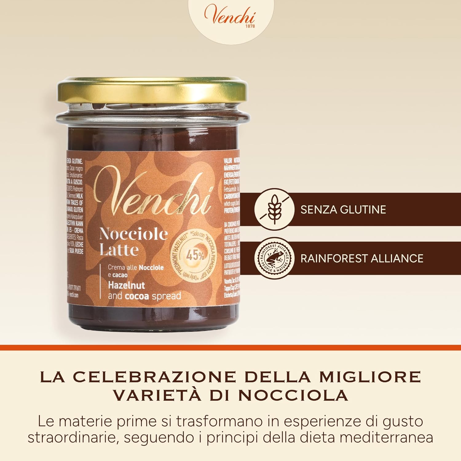 Thumbnail 4 de Venchi Crema Spalmabile Cioccolato al Latte e Nocciole 200 g – 45% Nocciole Piemonte IGP, Senza Glutine, Senza Coloranti e Conservanti