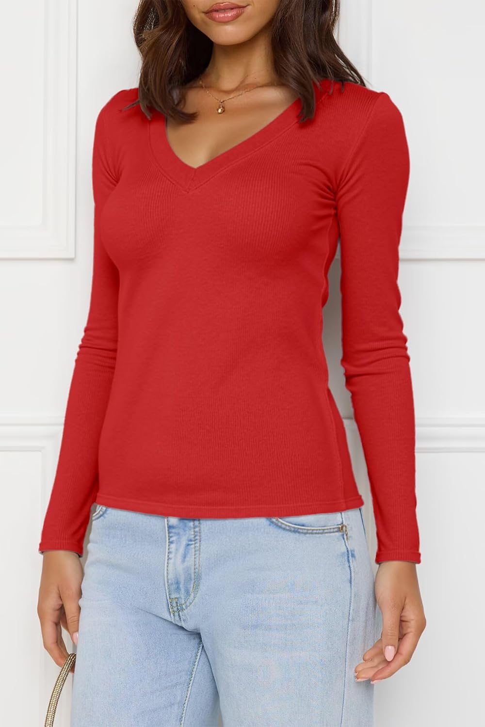 Thumbnail 4 de VICHYIE Damen V-Ausschnitt Langarm Shirt – schlanker Schnitt, pflegeleicht und vielseitig