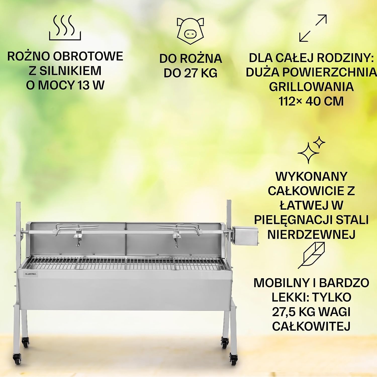 Detalle de Klarstein grill rożnowy 2w1 z silnikiem, 4 rusztami i osłoną przeciwwiatrową