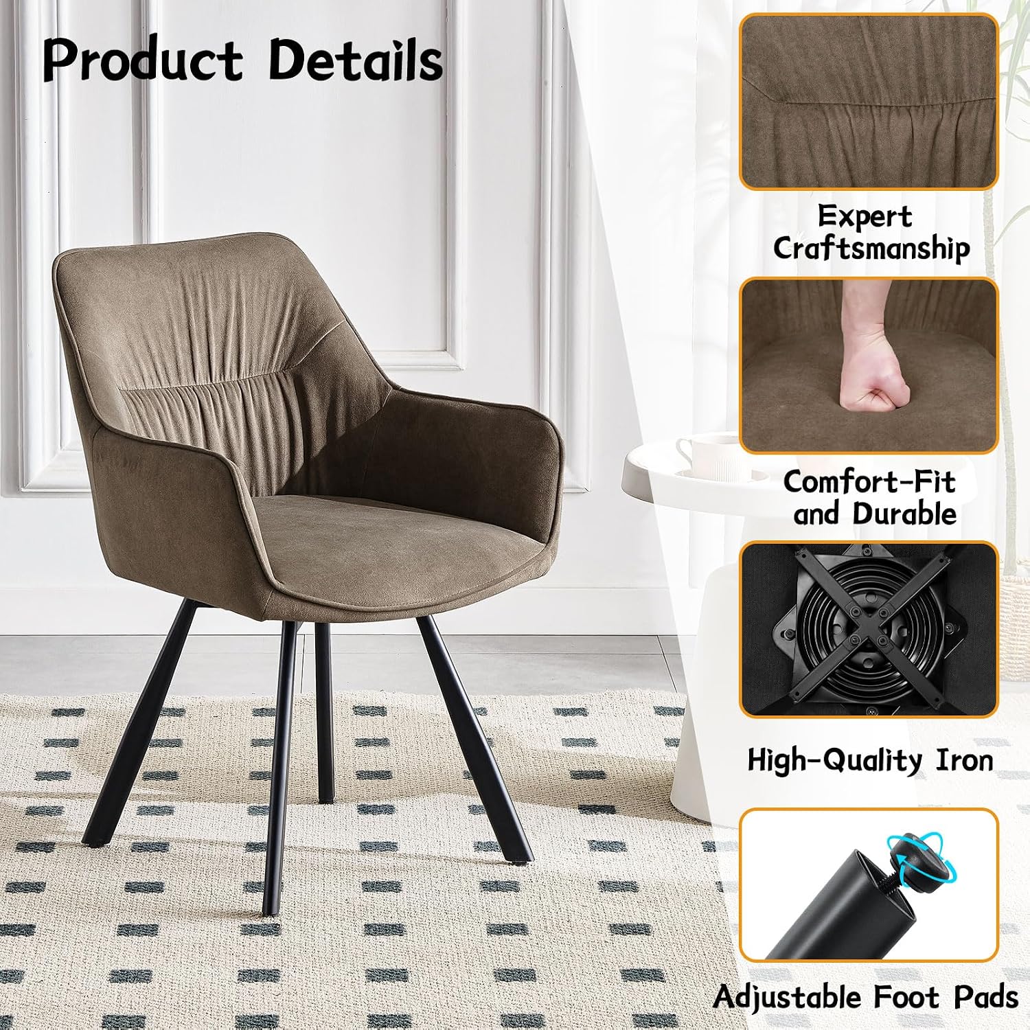 Thumbnail 5 de LEWE 360° Swivel Dining Chairs (Set of 2) with Arms, Backrest & Metal Legs in Brown