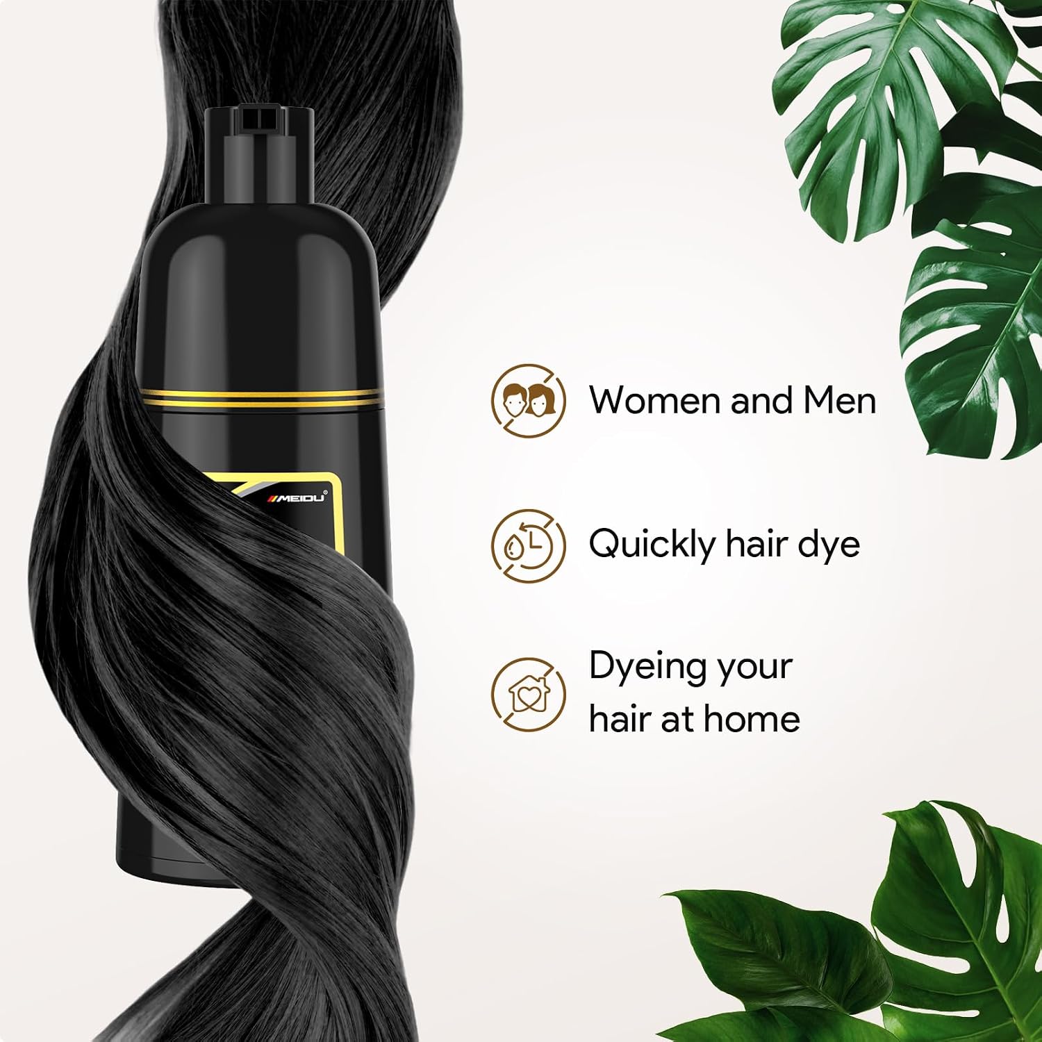 Detalle de MEIDU Black Hair Dye Shampoo 3-in-1 (Gray Coverage) Herbal Formula, 500ml/16.9oz