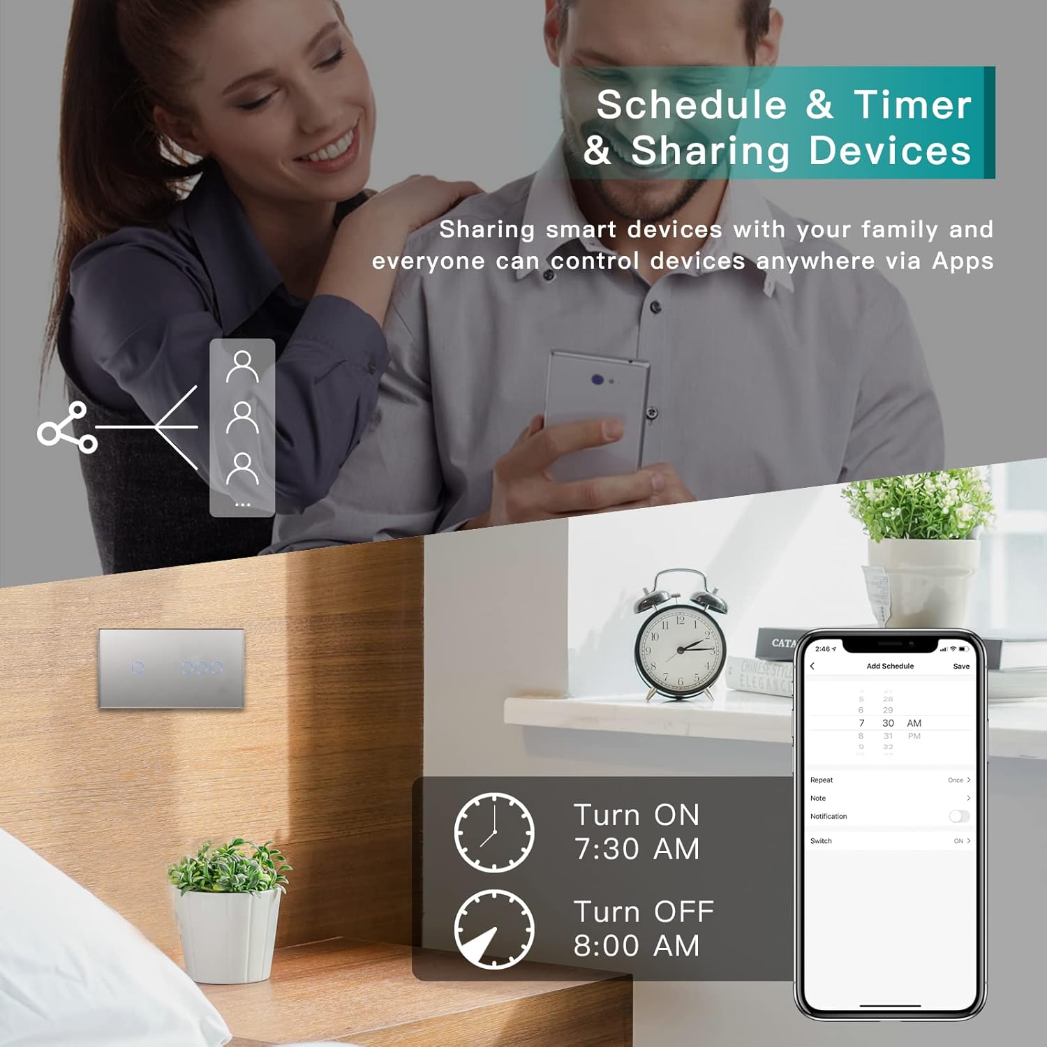 Thumbnail 1 de BSEED Doppelschalter Smart Alexa Lichtschalter aus Glas – 1-fach, neutralleiter erforderlich, WiFi, kompatibel mit Alexa/Tuya/Google Home