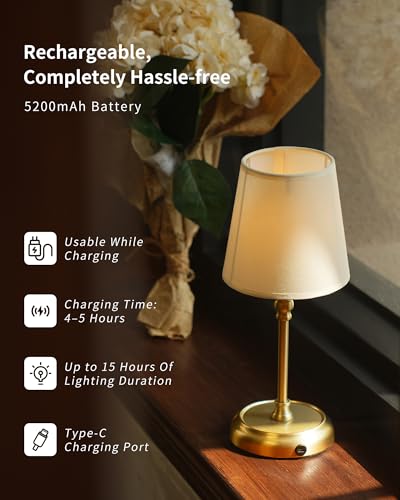 Detalle de LuminexDesigns Lámpara de Mesita de Noche Recargable 5200 mAh – 3 en 1 con Bombilla Incluida, Regulable Táctil y Diseño en Oro