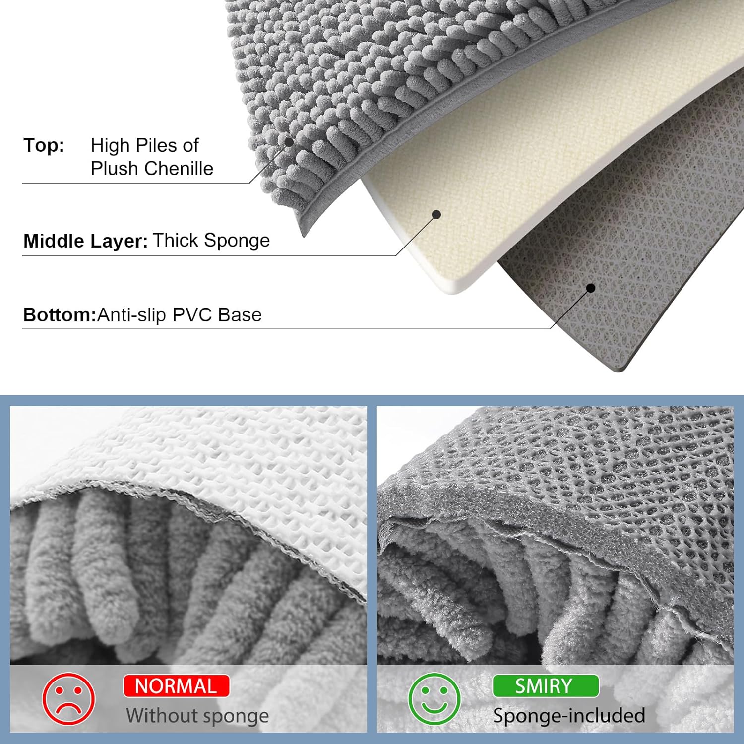 Thumbnail 4 de smiry Luxury Chenille Bathroom Rug 24x16 in Grey — extra soft, absorbent, machine washable bath mat