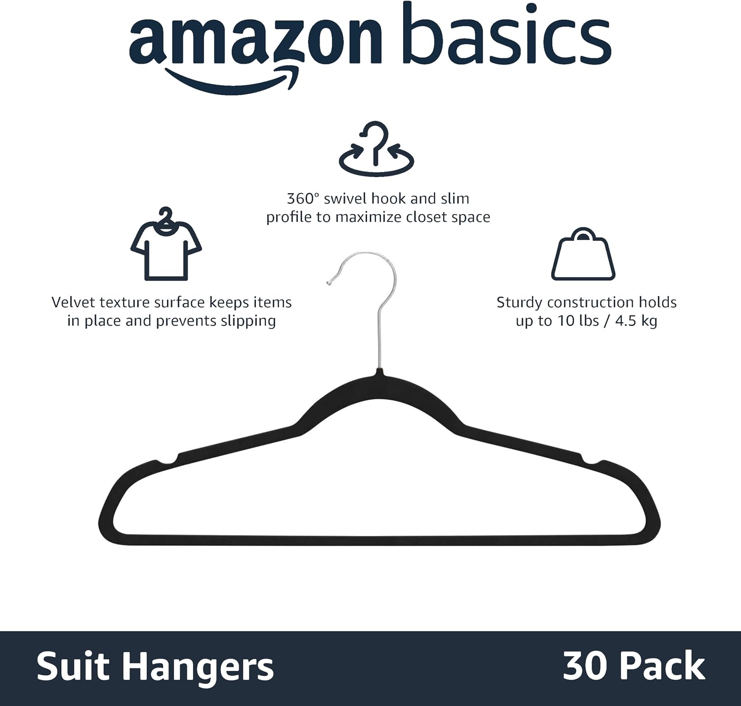 Thumbnail 1 de Amazon Basics Slim Velvet Non-Slip Suit Hangers – 30-Pack (Black/Silver)