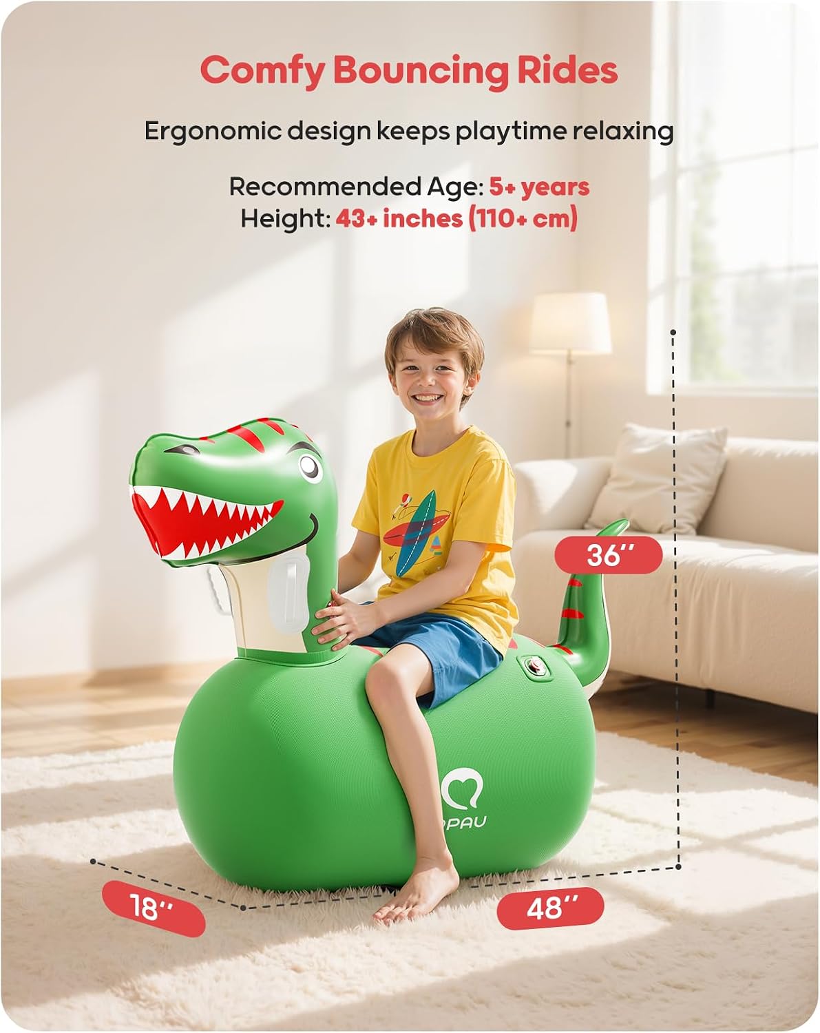 Detalle de QPAU Inflatable Bouncy Dinosaur (2 pcs) with Hand Pump – heavy duty hopping animal hopper, for ages 5+