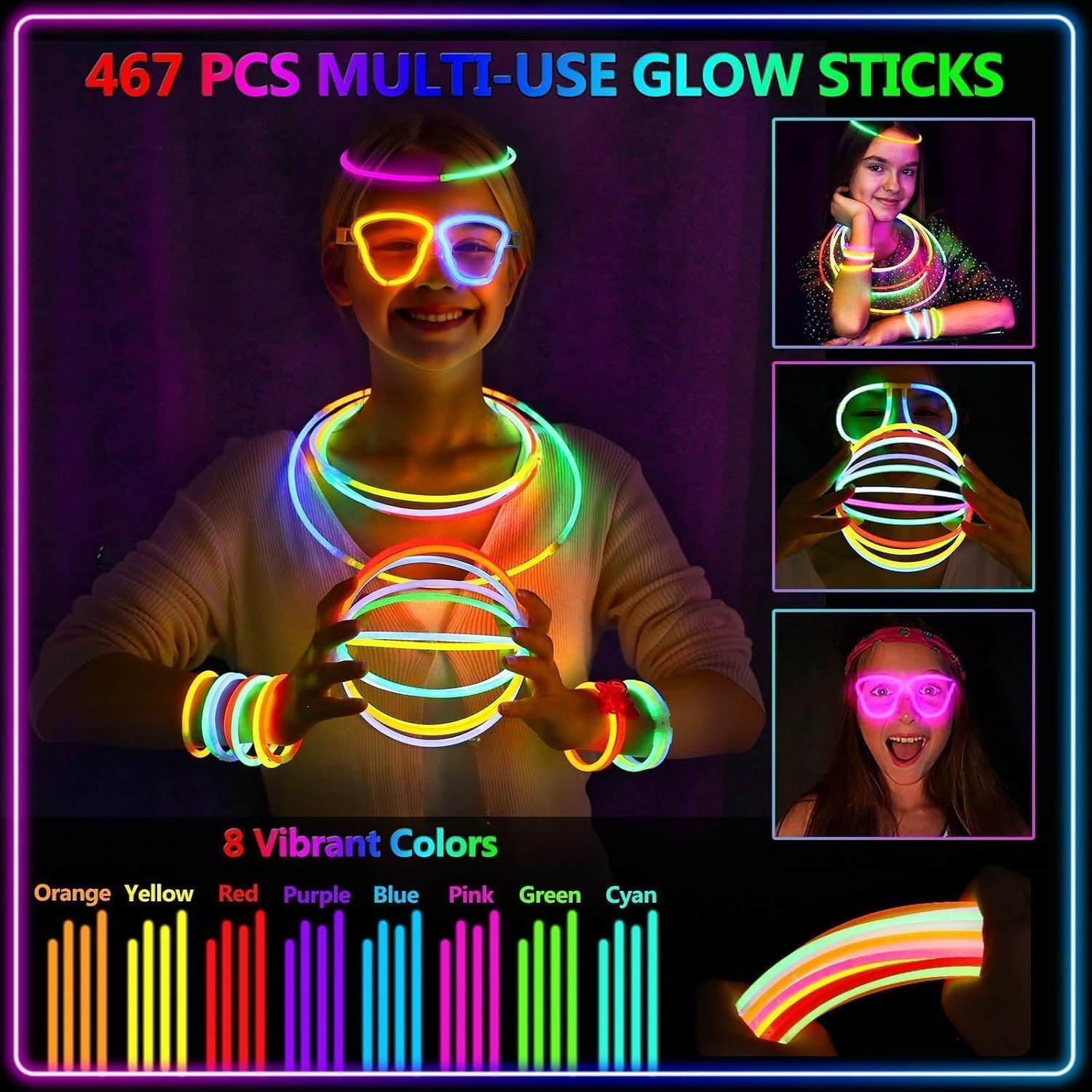 Thumbnail 1 de BUDI 467Pcs Glow Sticks Party Kit: 200 Glow Sticks (8 colors, 8 inch) + 267 Connectors for Necklaces, Bracelets, Glasses