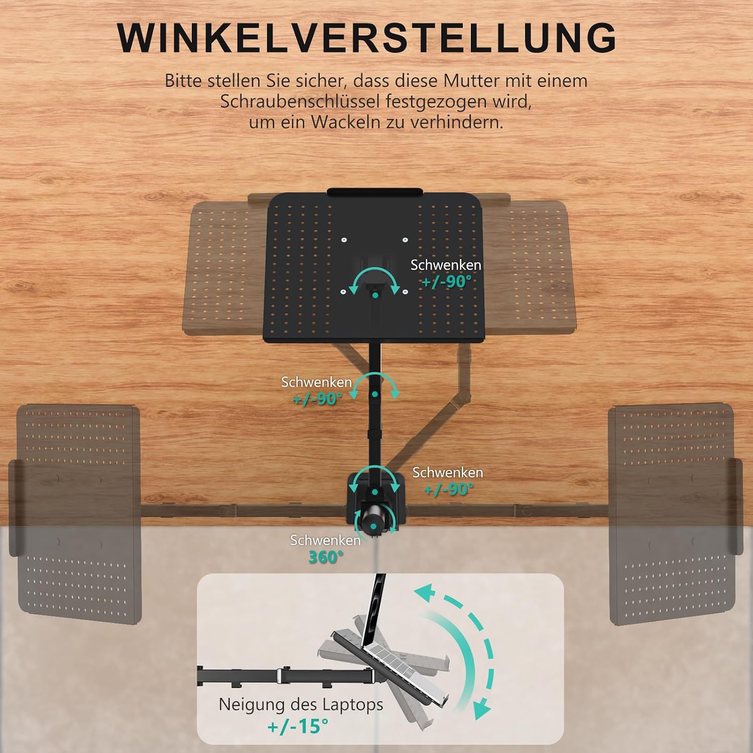 Detalle 2 de WALI Laptop-Halterung für den Schreibtisch, 17-Zoll, voll verstellbar bis 10 kg (M00LP) – schwarz