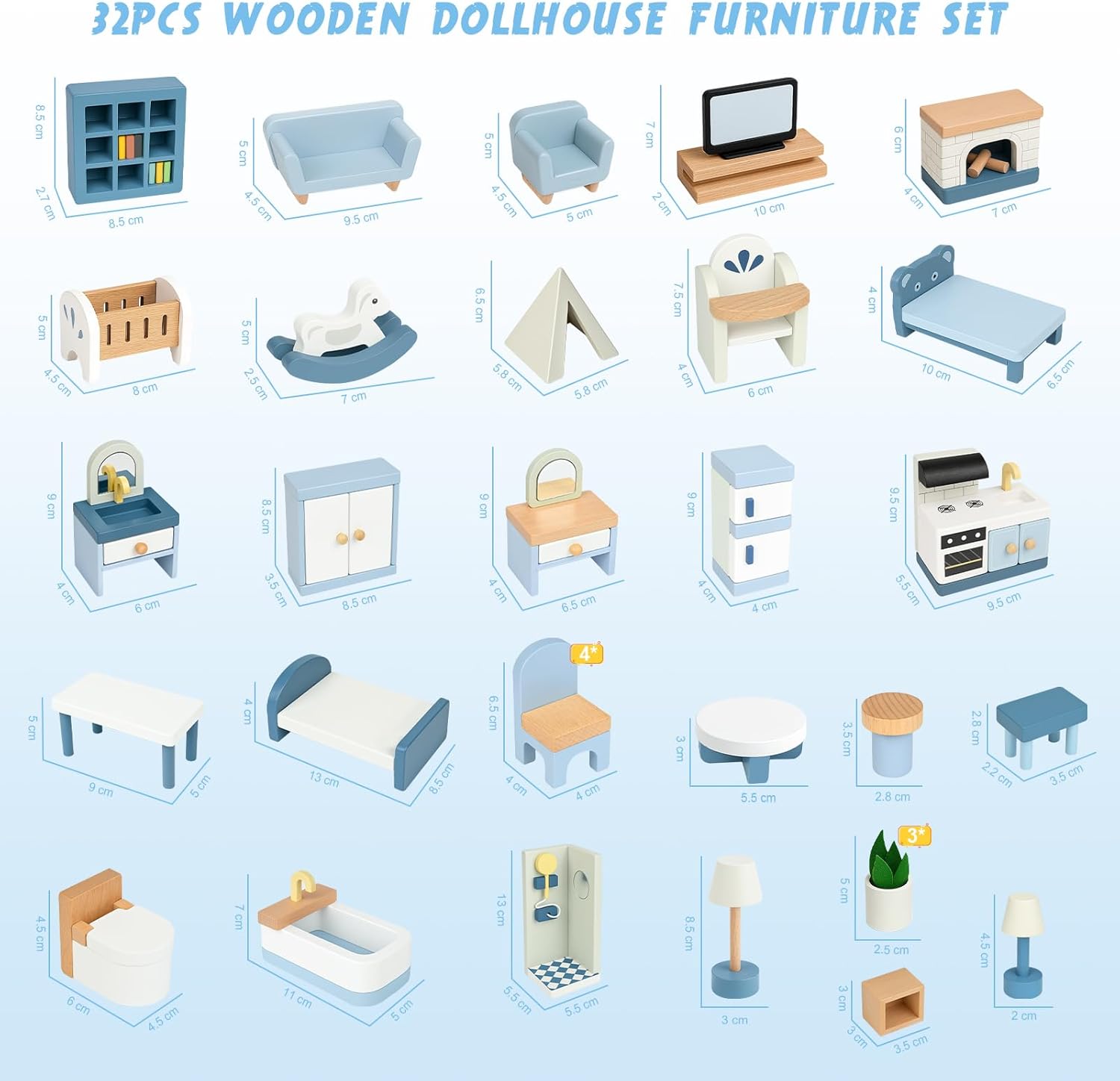 Thumbnail 5 de Wooden Dollhouse Furniture Set (32 pcs) – Solid wood miniature rooms and accessories for 1:12 dollhouses, age 3+