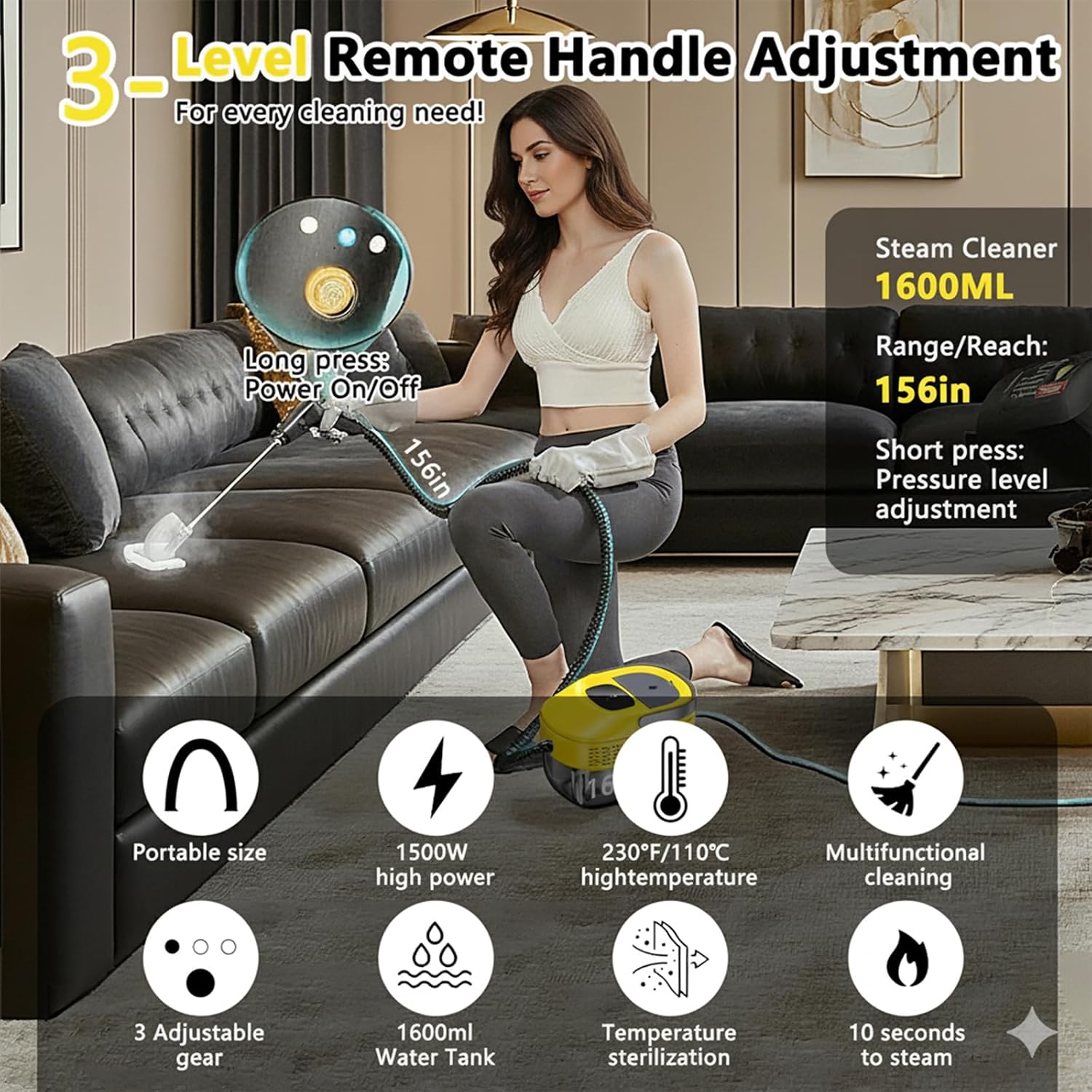 Detalle 2 de 2026 New 3 Level Adjustable Pressurized Handheld Steam Cleaner for Home