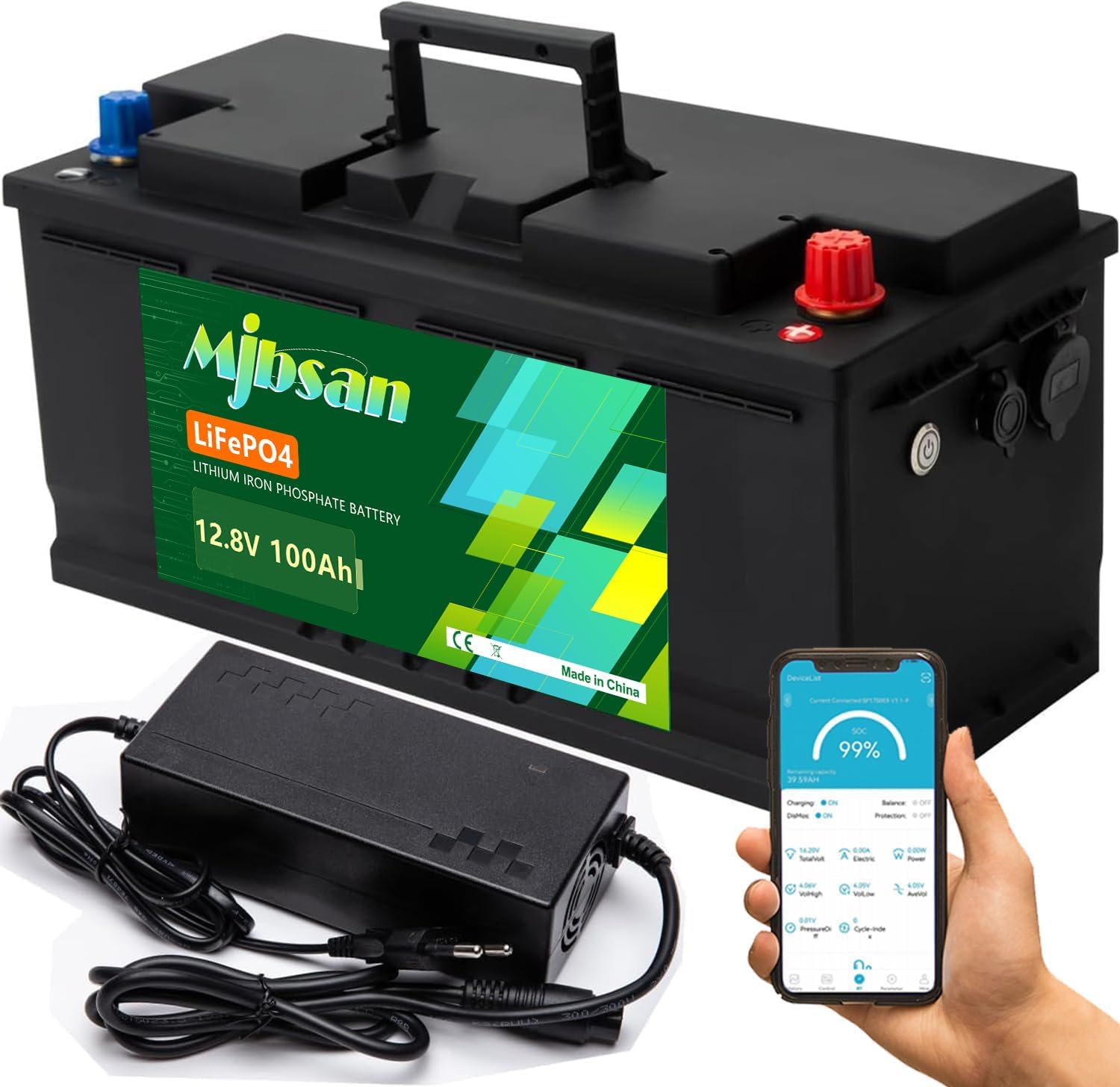 Detalle de Mjbsan LIFEPO4 12V100AH-2 LiFePO4-batteri, 12,8 V, 100 Ah med BMS