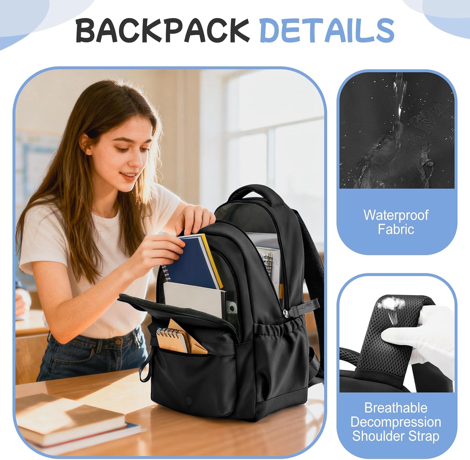 Thumbnail 4 de WEPLAN School Backpack: Lightweight 18.5L Daypack with Anti-Theft Pocket (C2-Black)