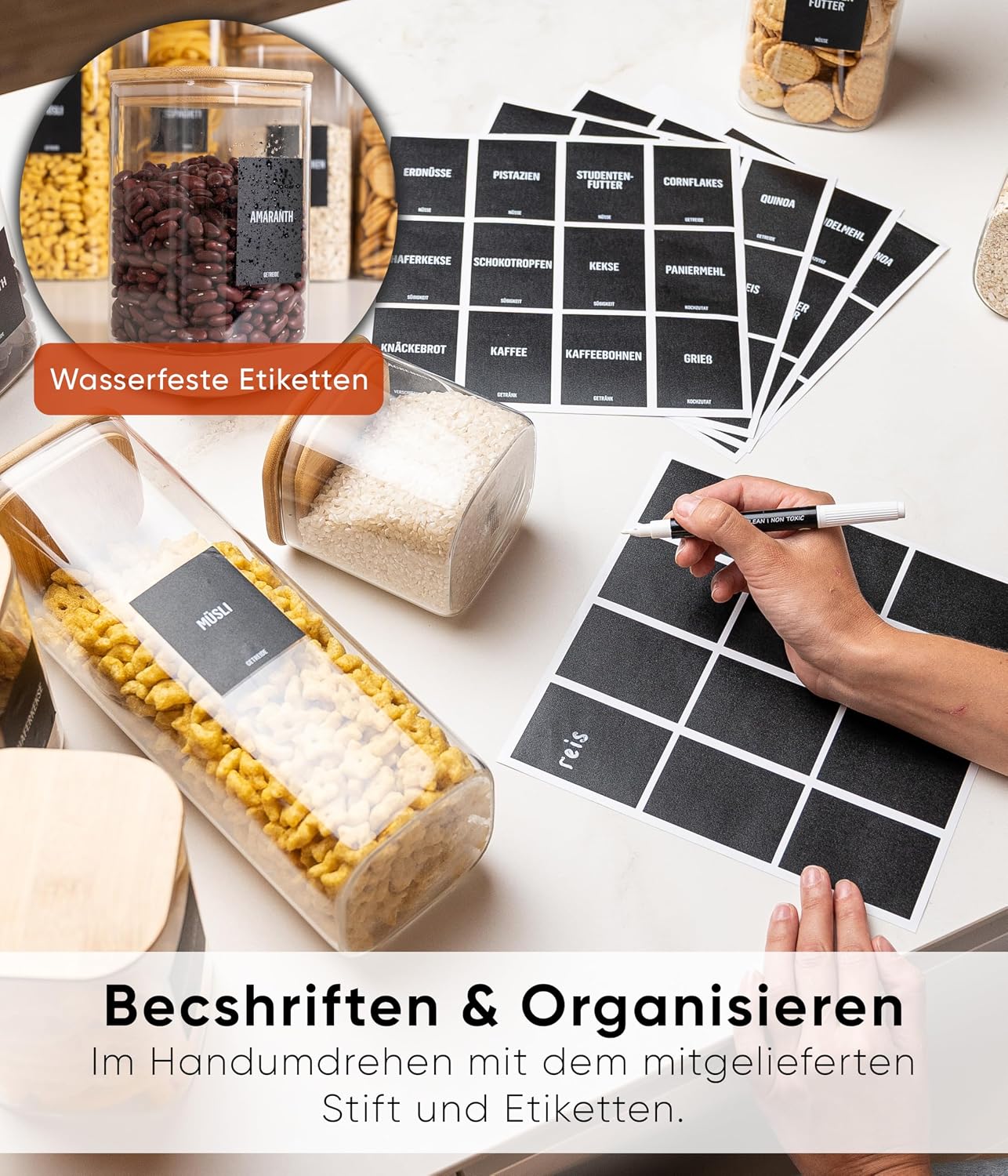 Detalle de Deco haus Vorratsgläser 6er Kombi-Set mit luftdichtem Deckel, Etiketten – Glasbehälter für Mehl, Müsli & Co.