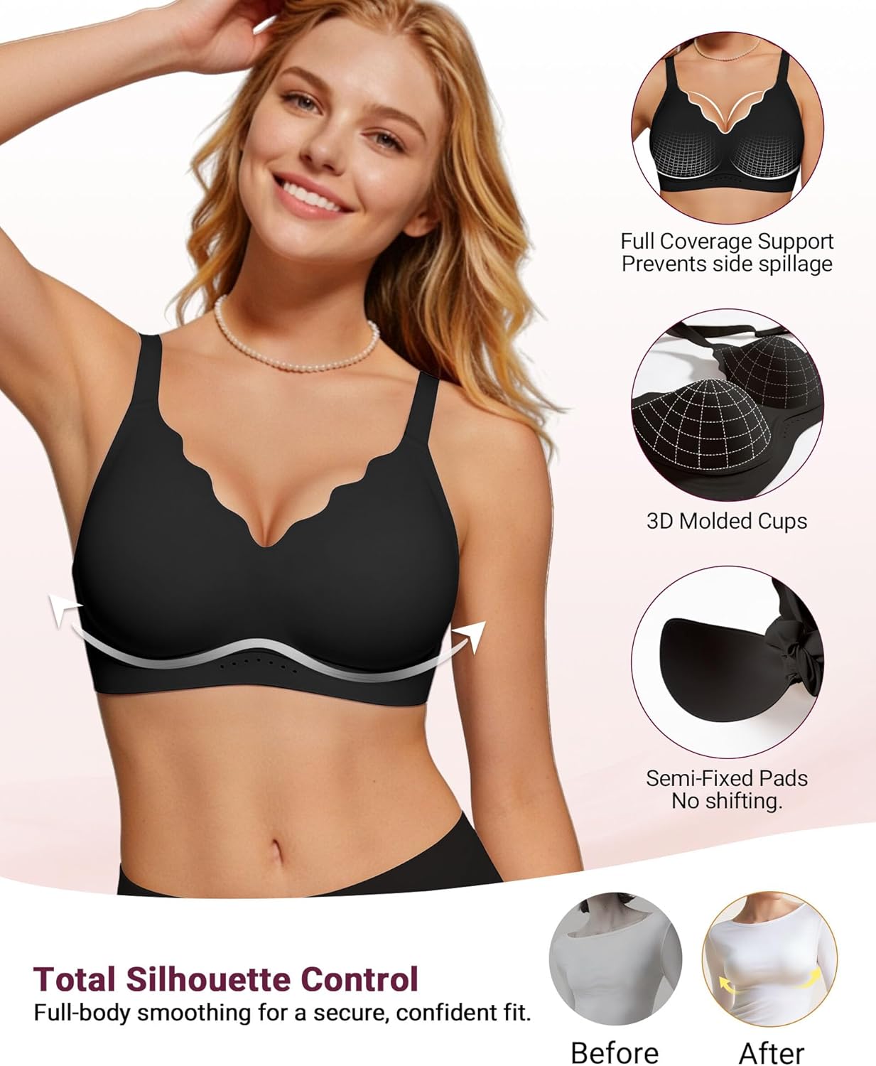 Thumbnail 2 de As Fairy Wireless Full Coverage Seamless Scalloped Push Up Bra (No Underwire) for Everyday Comfort
