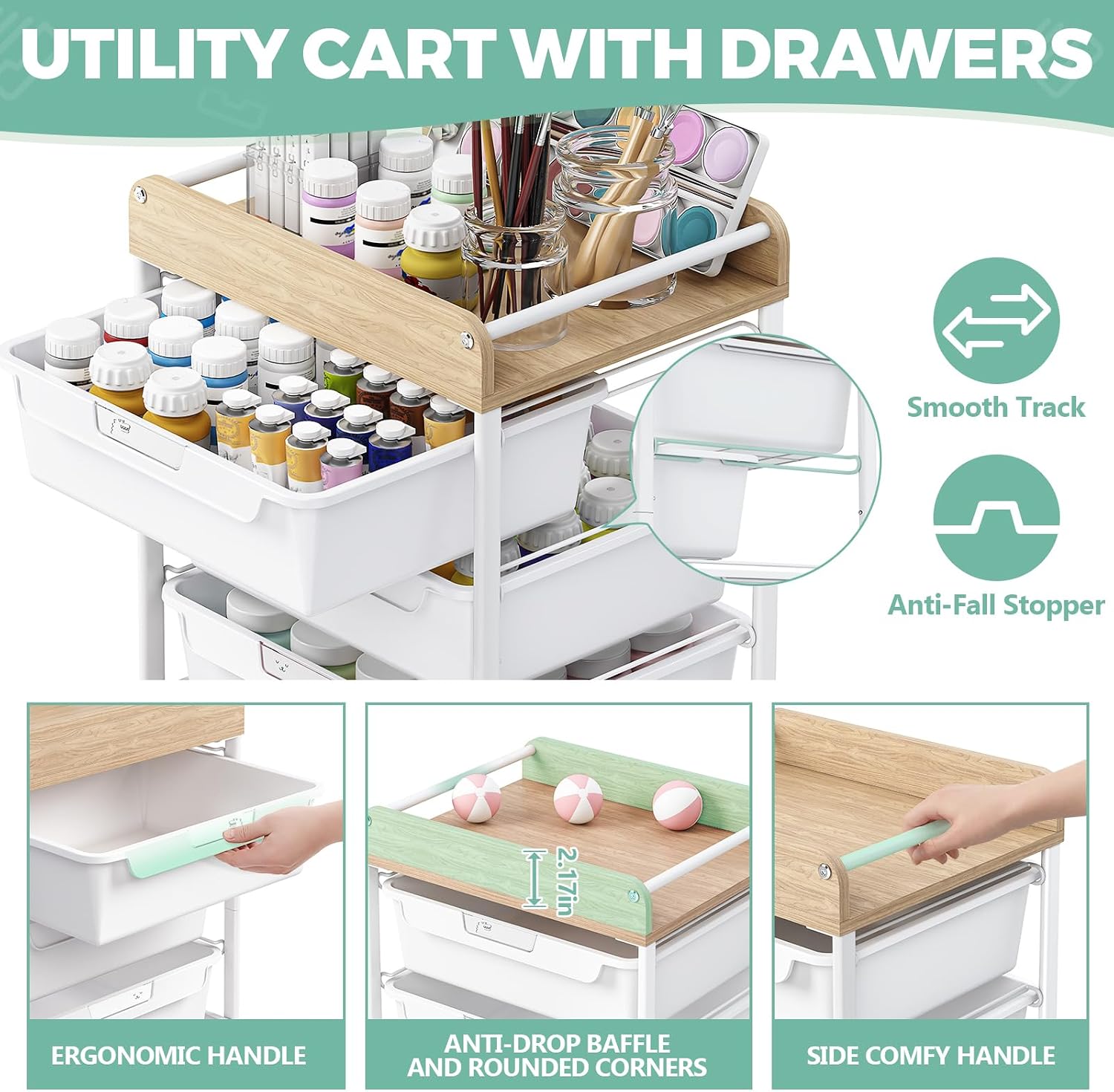 Detalle de SYKIARIOL 1431+1233+1432 6-Drawer Rolling Storage Cart with Wooden Top, White