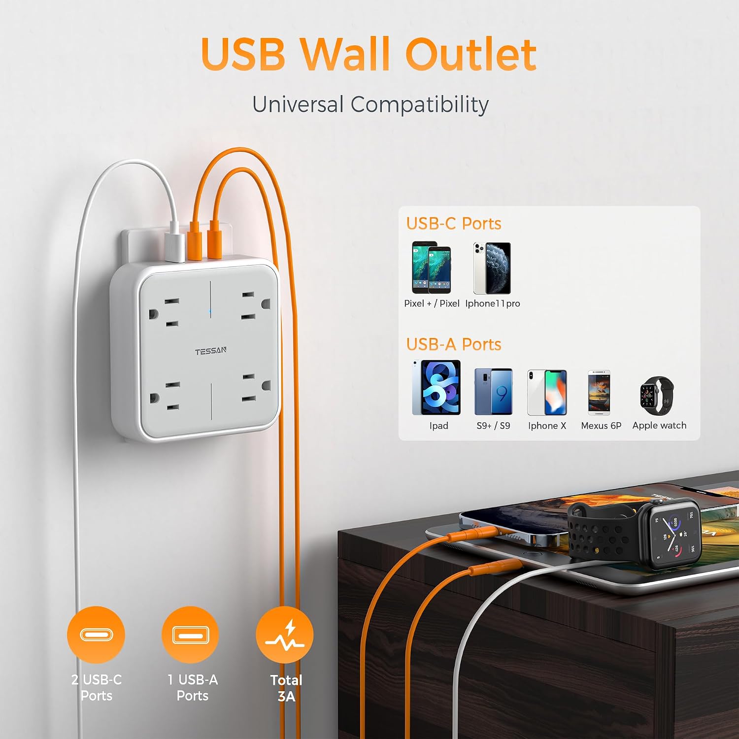 Detalle de TESSAN TS-WM102-2C Wall Outlet Extender, 4 AC Outlets, 2 USB-C