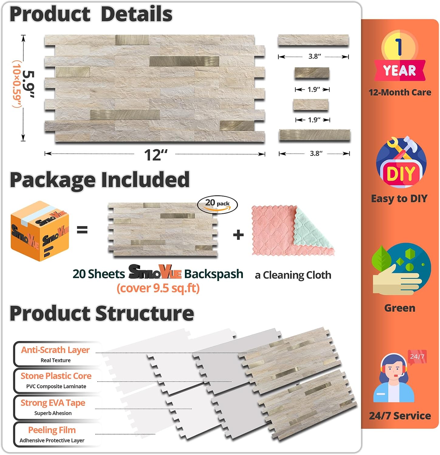 Detalle de StyloVue Peel-and-Stick Backsplash Tiles, Beige Gold-Look, 20 Sheets