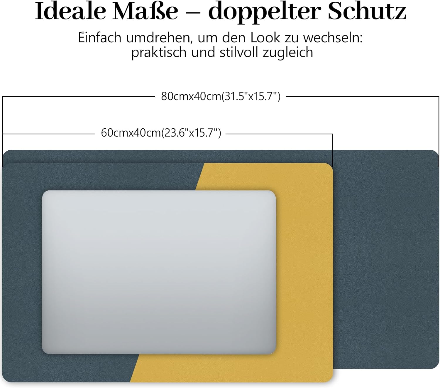 Thumbnail 2 de Sevenpers Schreibtischunterlage aus Leder, doppelseitig und wasserdicht (80 × 40 cm) – Dunkelblau/Gelb