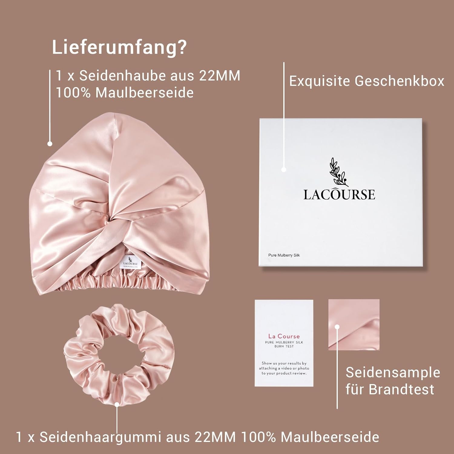 Detalle de LaCourse rutschfeste, verstellbare Seidenhaube (22 Momme, 100% Maulbeerseide, doppellagig) zum Schlafen – Rosa