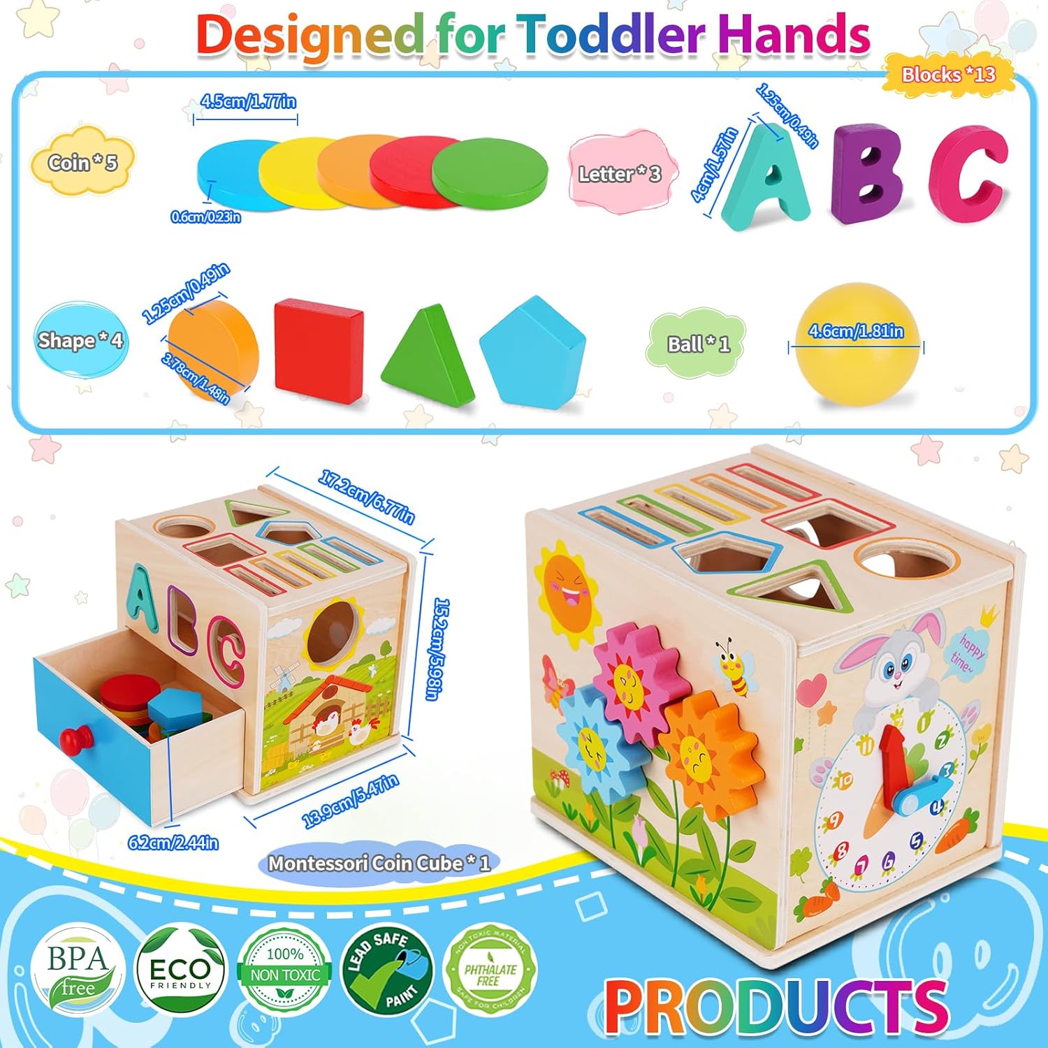 Detalle de FCSONU Jouet Montessori Bois 1–3 Ans – 13 blocs colorés et tiroir amovible