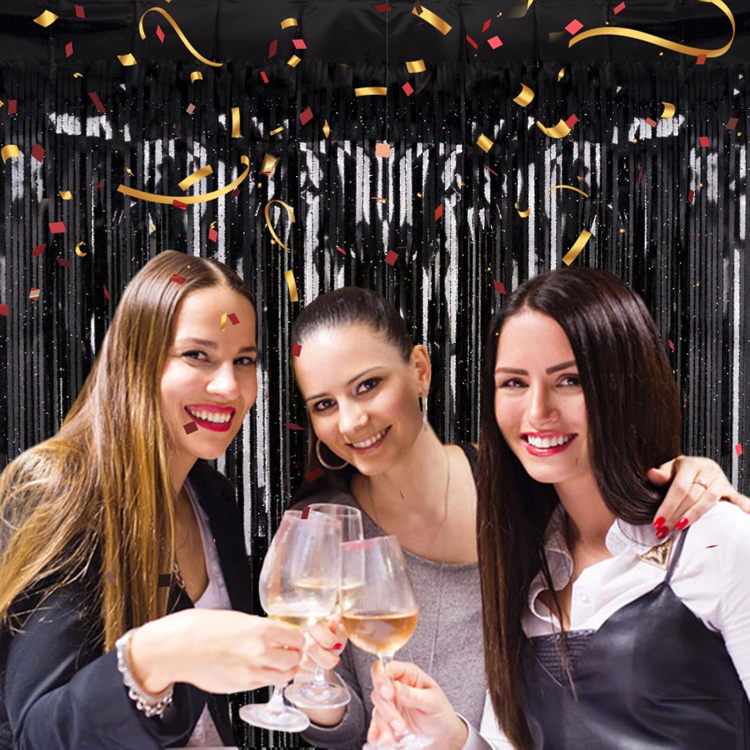 Thumbnail 1 de 2 Pack 3.2ft x 8.2ft Black Tinsel Foil Fringe Curtain – Sparkly Backdrops for Photo Booths