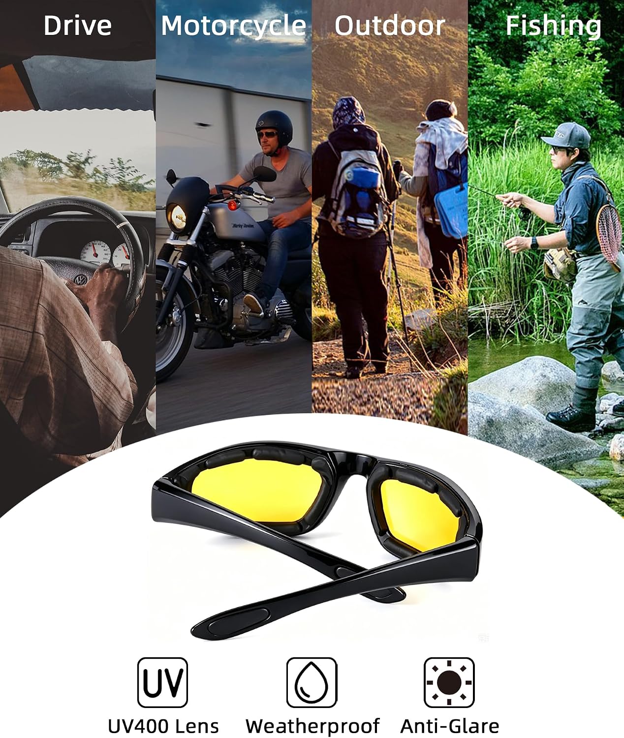 Detalle 2 de YISUGOOC 4 Pair Motorcycle Glasses Riding Glasses with UV Protection, Windproof & Dustproof – 4 Lenses (Yellow, Gray, Blue, Clear)