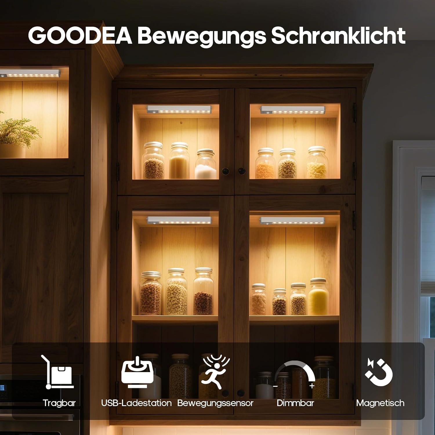 Detalle de Goodea Schranklicht mit Bewegungsmelder, 6er-Set (aluminiumfarben, dimmbar, 3000K, USB-C-Lade-Dock)