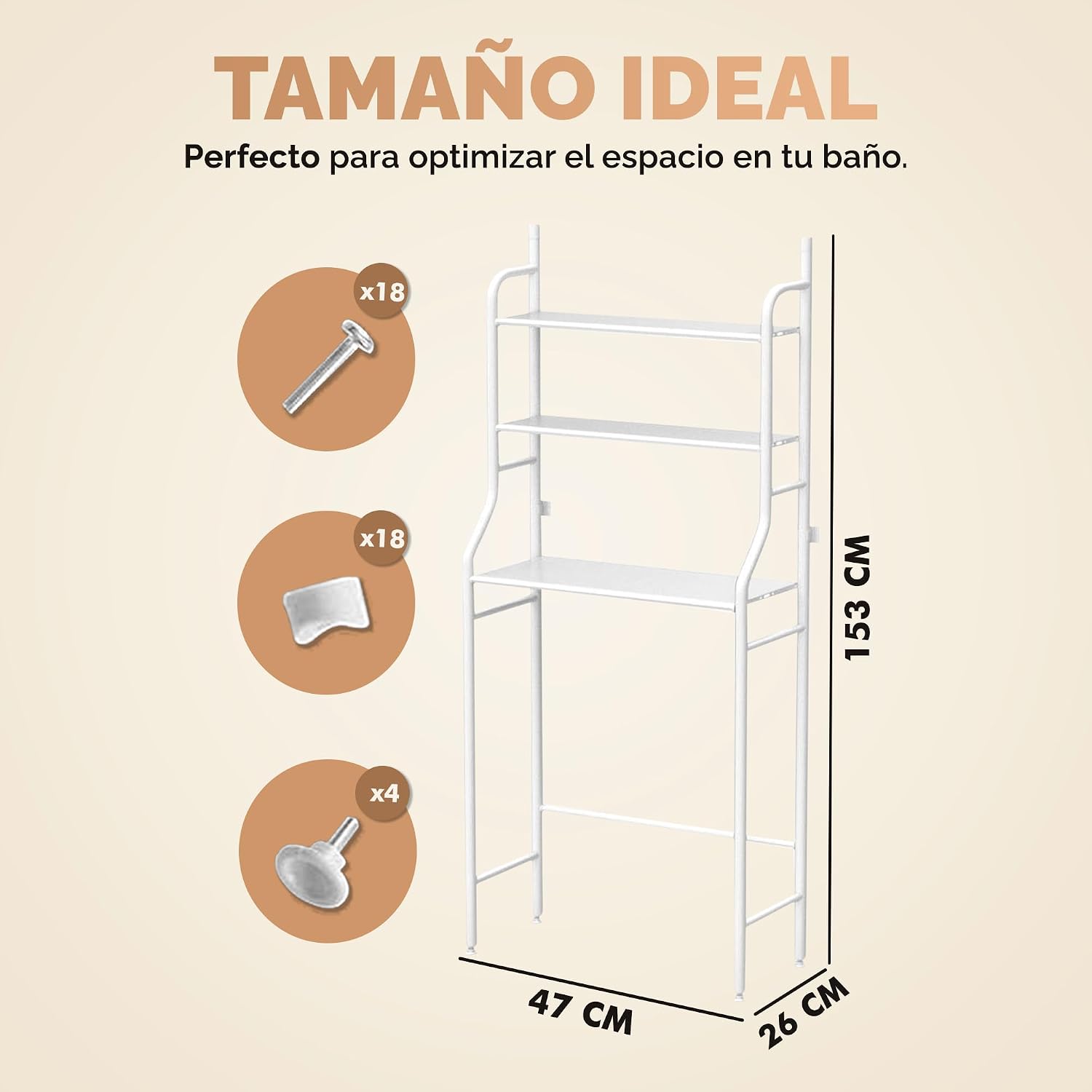 Detalle 2 de JUPPLIES Estantería Baño sobre Inodoro (47×26×153 cm) – Mueble auxiliar de 3 niveles en metal blanco