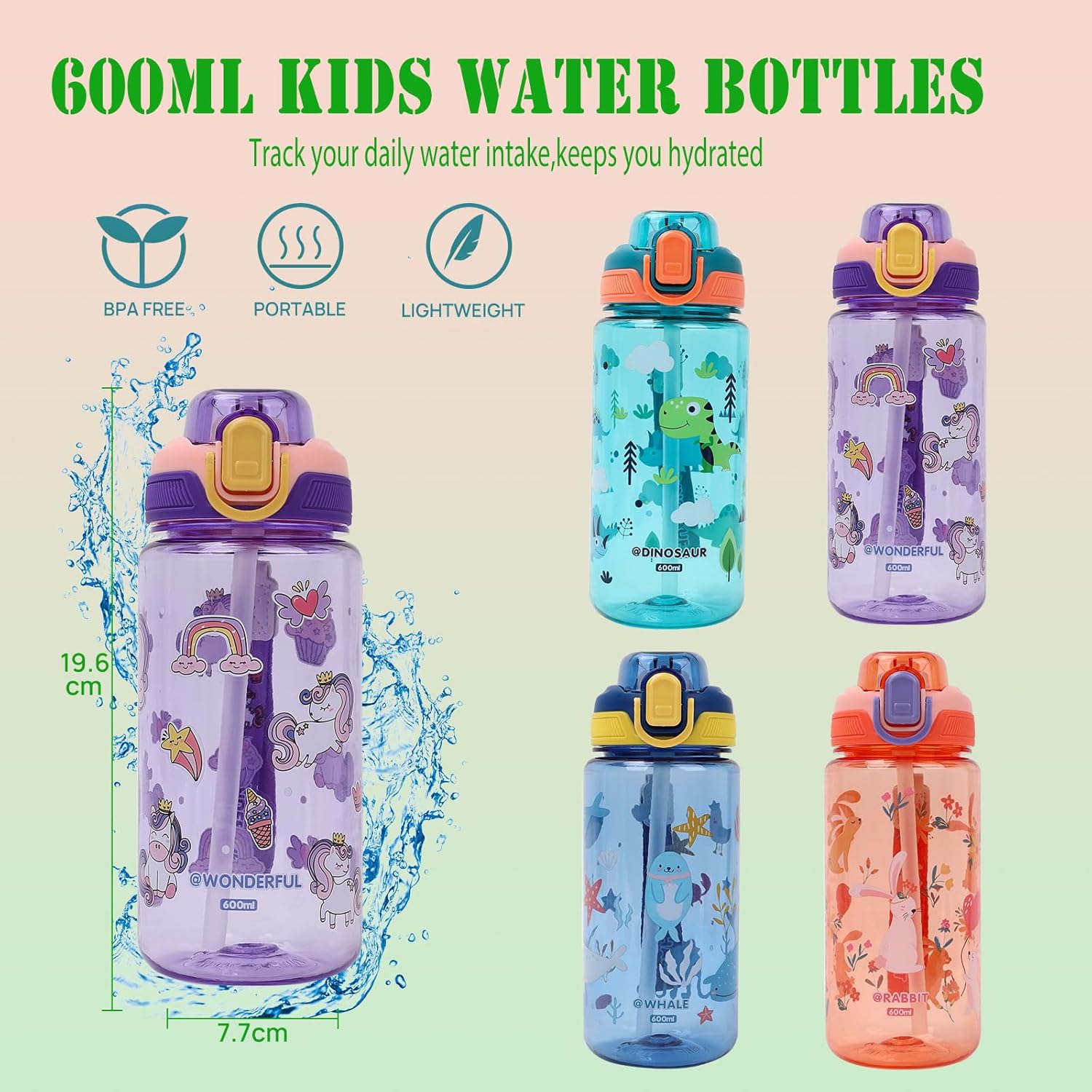 Thumbnail 3 de SENBSLAN Kids Water Bottles With Straw (600ml) – Leakproof BPA-free flip-top drink bottle for school (Blue-Whale)