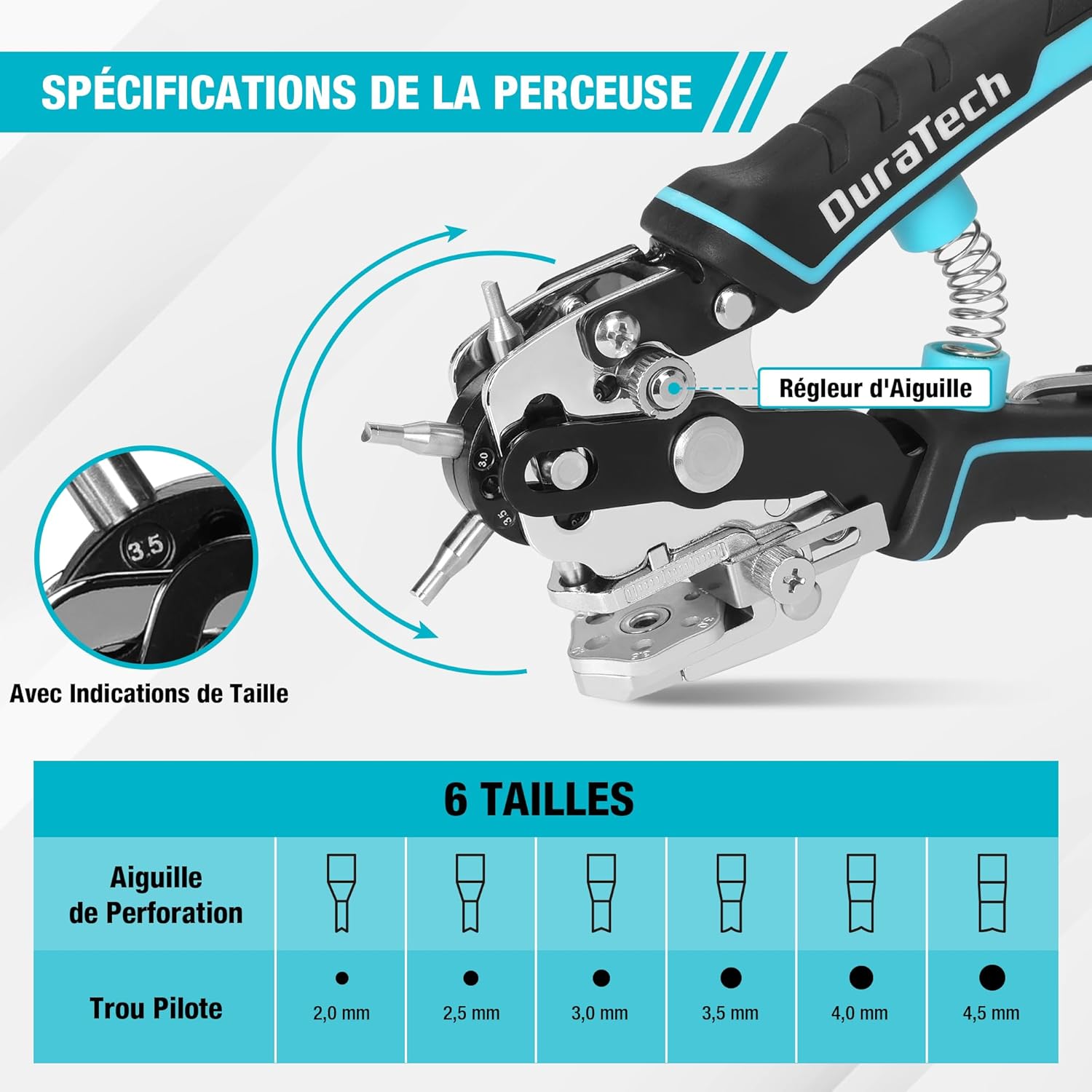 Detalle 2 de DURATECH Pince Perforatrice Rotative à 6 tailles de poinçon – Perforation précise pour cuir, tissu, papier et plus