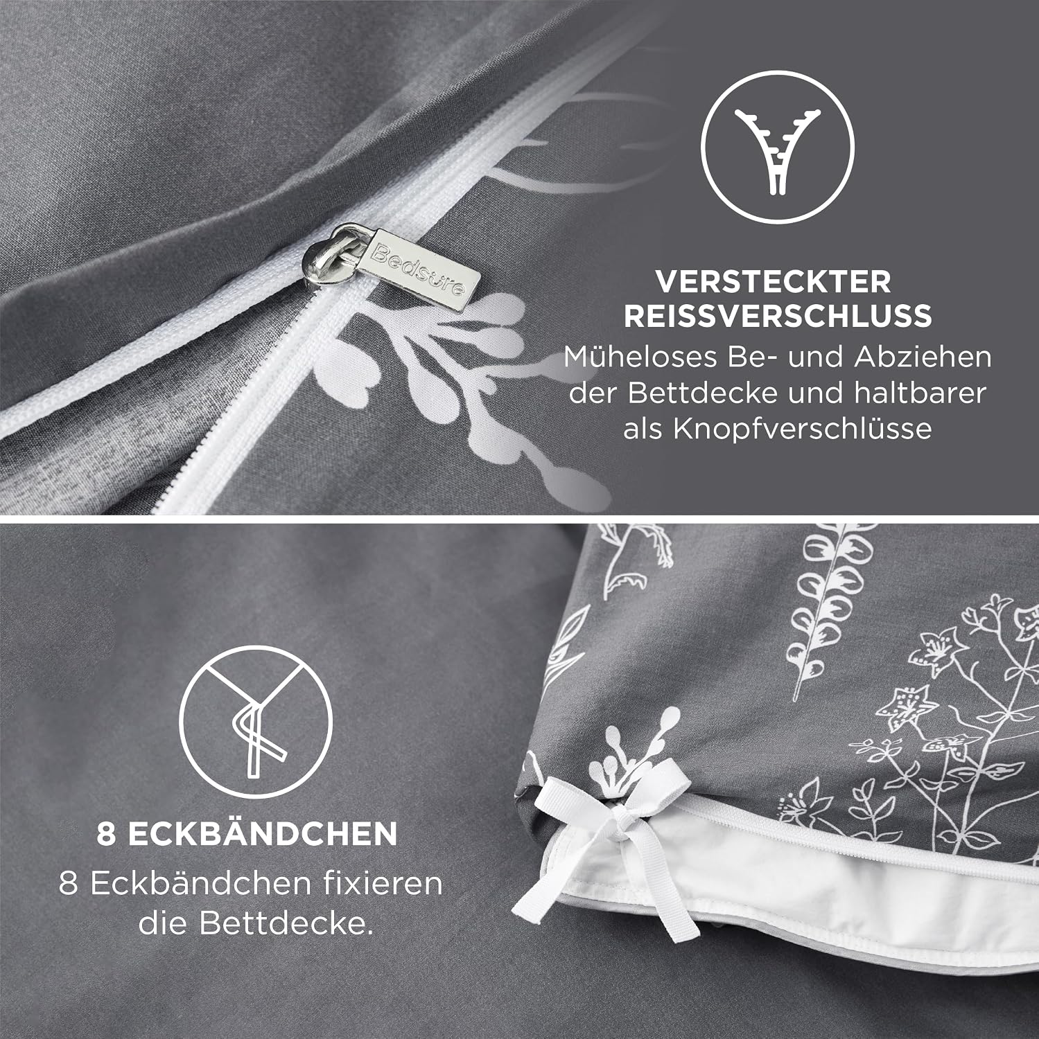 Detalle de BEDSURE Bettwäsche 135x200, 4-teilig aus Baumwolle (Grau) mit Wendedesign und Reißverschluss