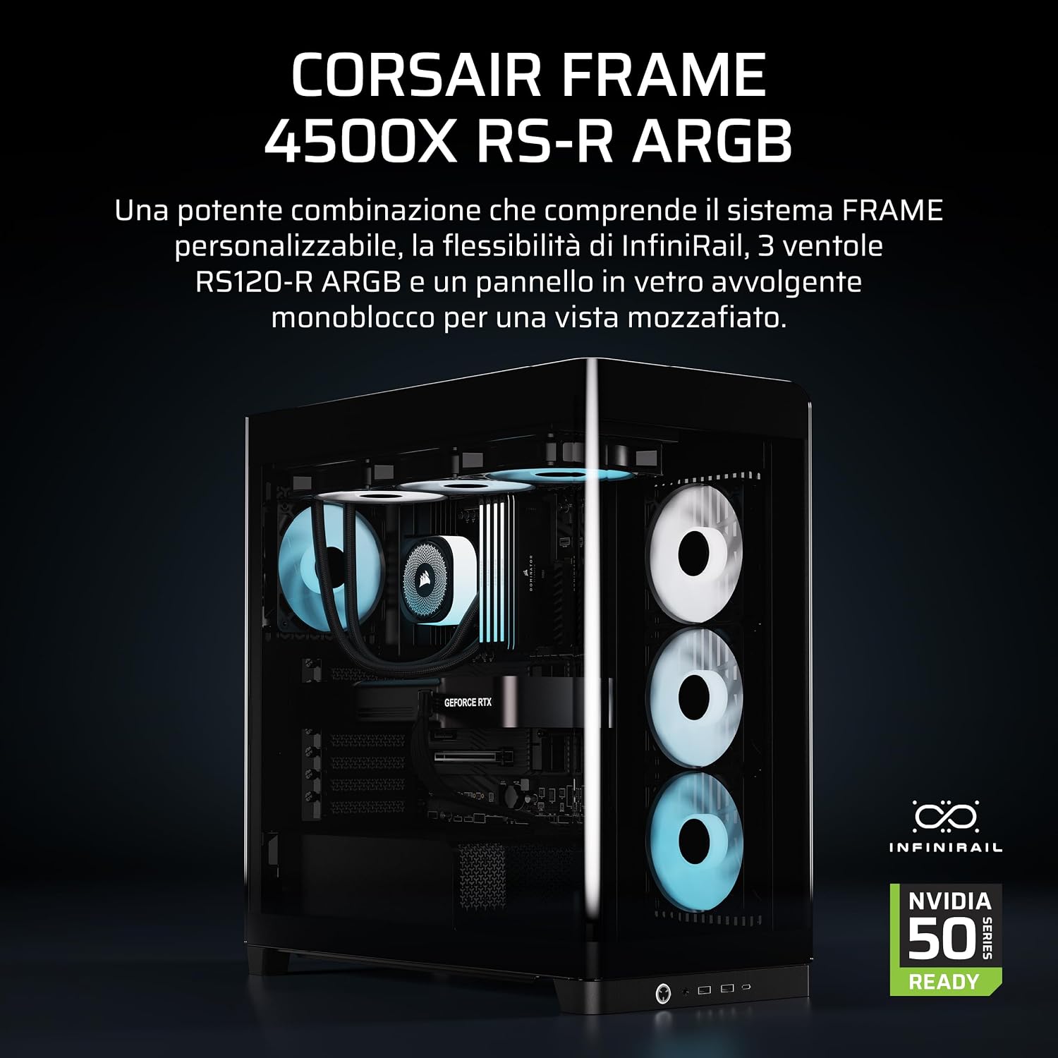 Detalle de CORSAIR FRAME 4500X RS-R ARGB Mid-Tower con vetro panoramico e sistema InfiniRail, 3 ventole RS120R incluse