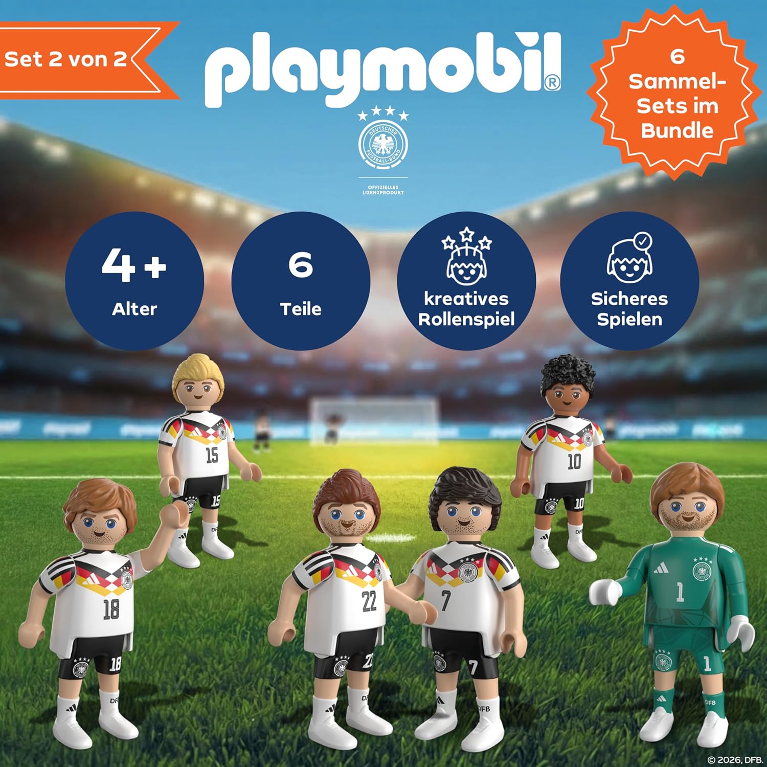 Detalle de PLAYMOBIL DFB WM Sammel Set 2 – Fußball-WM mit Kai Havertz, Jamal Musiala, David Raum, Maximilian Mittelstädt, Nico Schlotterbeck & Torwart (210450)