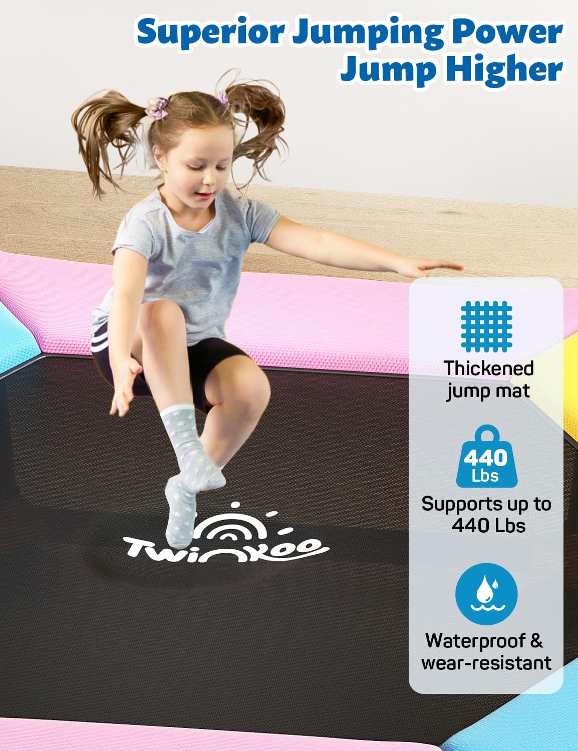 Thumbnail 3 de Twinkoo 60-Inch Trampoline for Kids with Safety Enclosure, Adjustable Gymnastics Bars, and Basketball Hoop