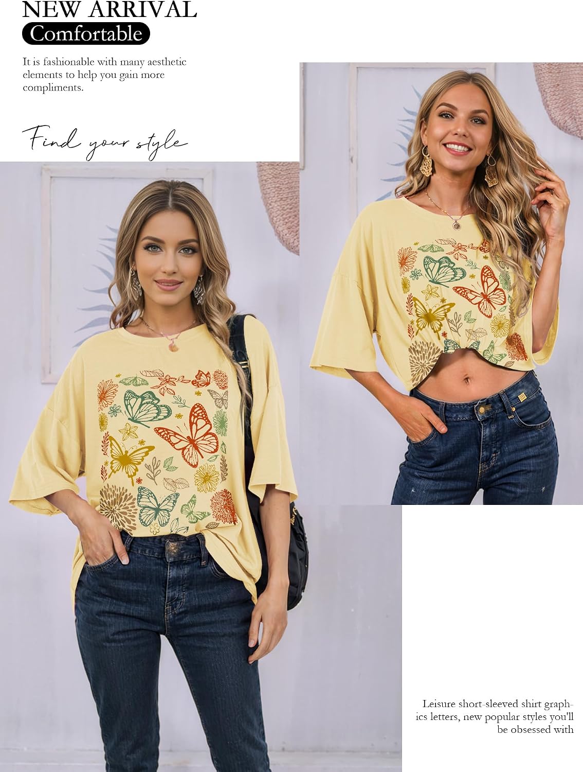 Detalle de WIEIYM Women Oversized T Shirt with Butterfly Flower Graphic – Boho Summer Boost