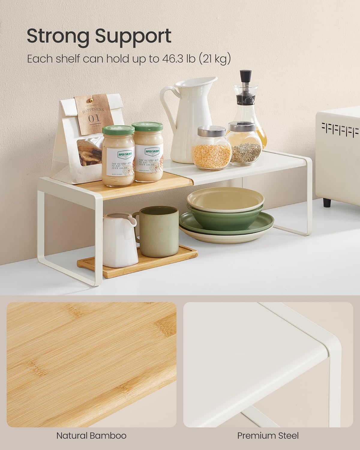 Detalle de SONGMICS HOME Spice Racks Set of 2: Extendable Bamboo & Steel Shelves for Kitchen and Beyond