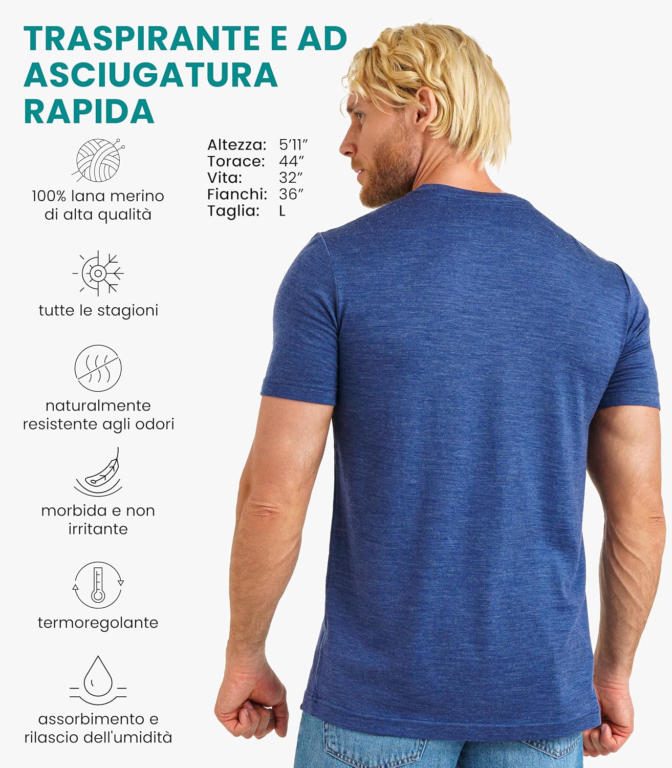 Detalle de Merino.tech Maglietta Lana Uomo – 100% Lana Merino Biologica, intimo leggero e traspirante