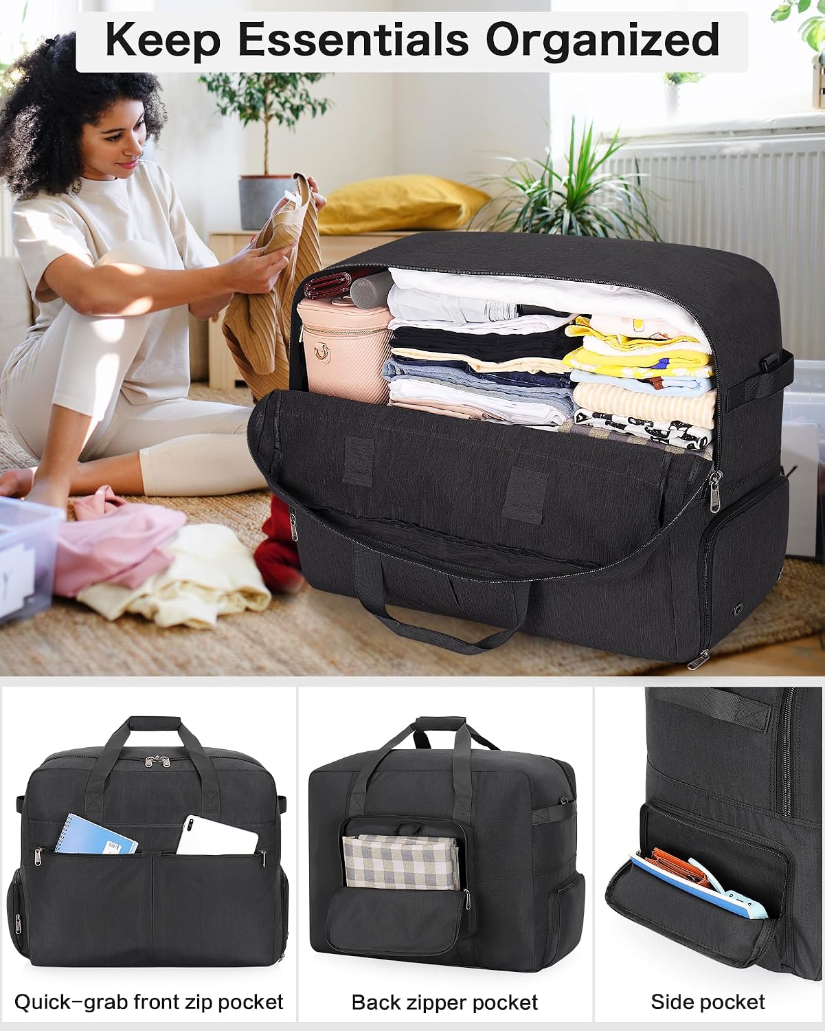 Thumbnail 5 de Urtala Sac de Voyage Pliable 100L – Noir, avec Compartiment à Chaussures