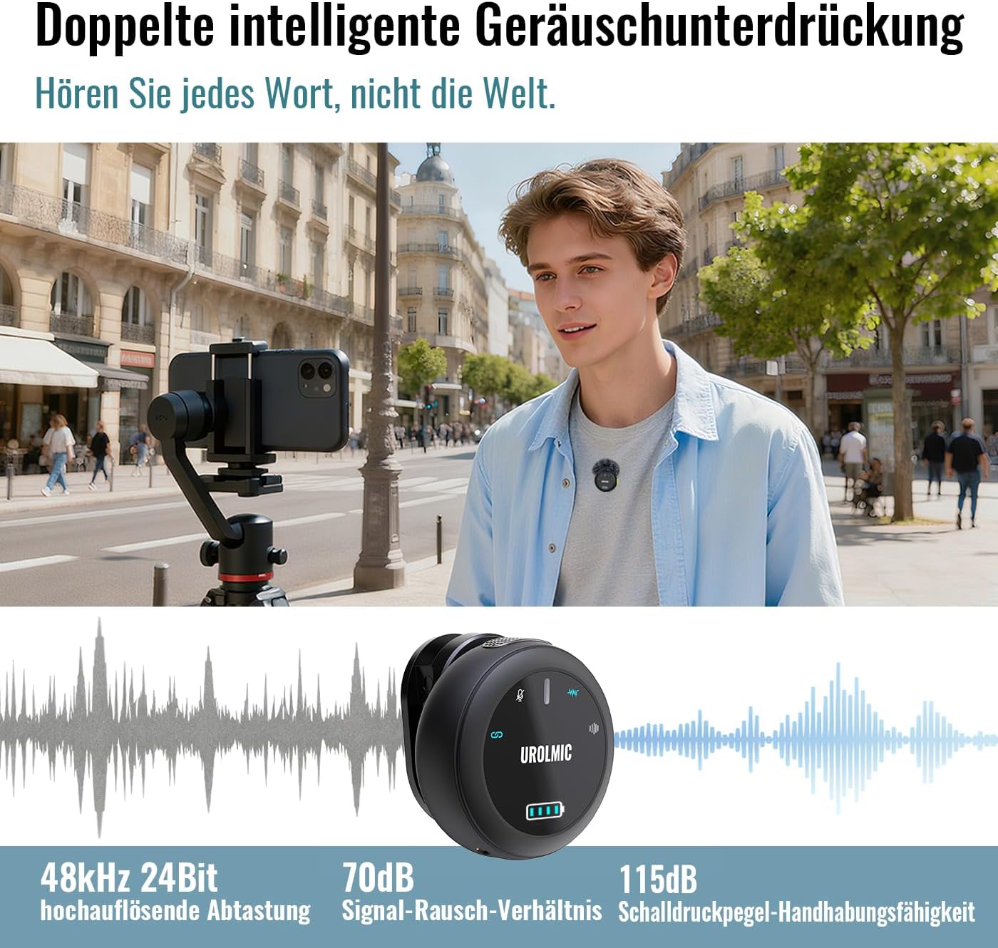 Thumbnail 5 de UROLMIC 2-in-1 Lavalier-Mikrofon mit Lade-Etui (bis zu 40 Std.), Profi-NR & 55 m Funkreichweite