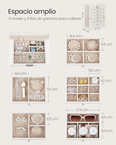 Thumbnail 2 de SONGMICS Caja Joyero de 6 niveles JBC152W01 con 5 cajones, espejo y cerradura
