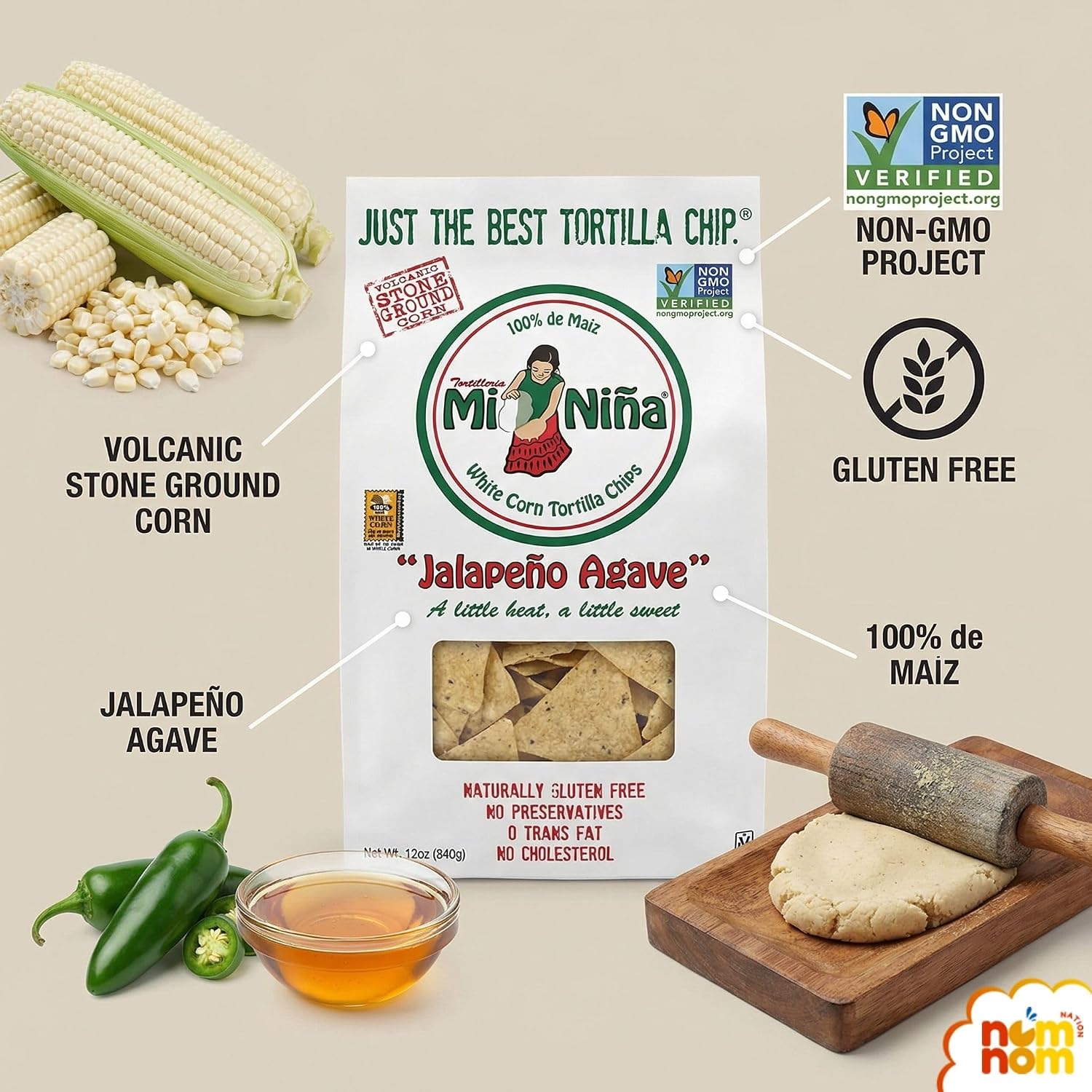 Detalle de NomNom Nation Tortilleria Mi Nina Jalapeño Agave Tortilla Chips, 3-Pack