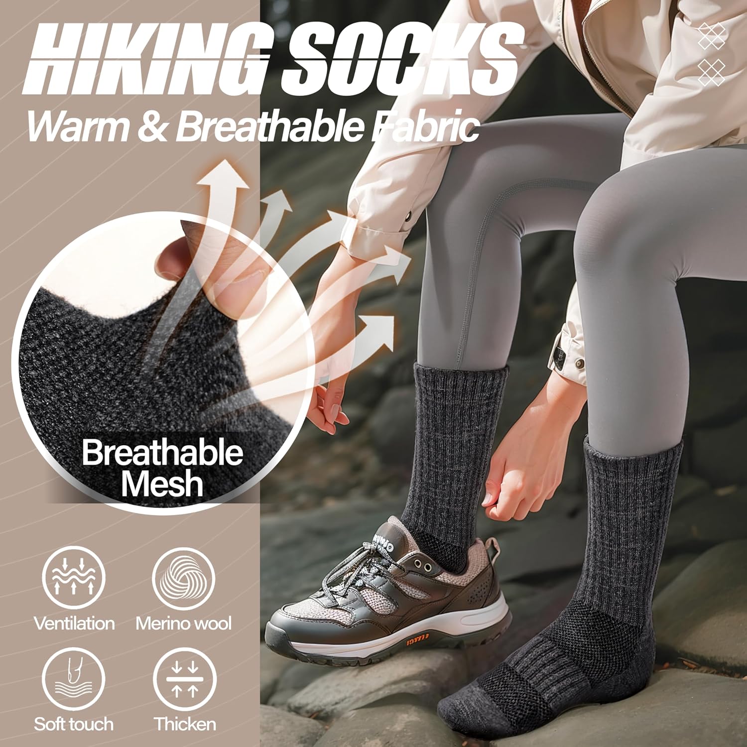 Detalle 2 de ANTSANG Merino Wool Hiking Socks, 5 Pairs with Cushioning & Mesh Ventilation