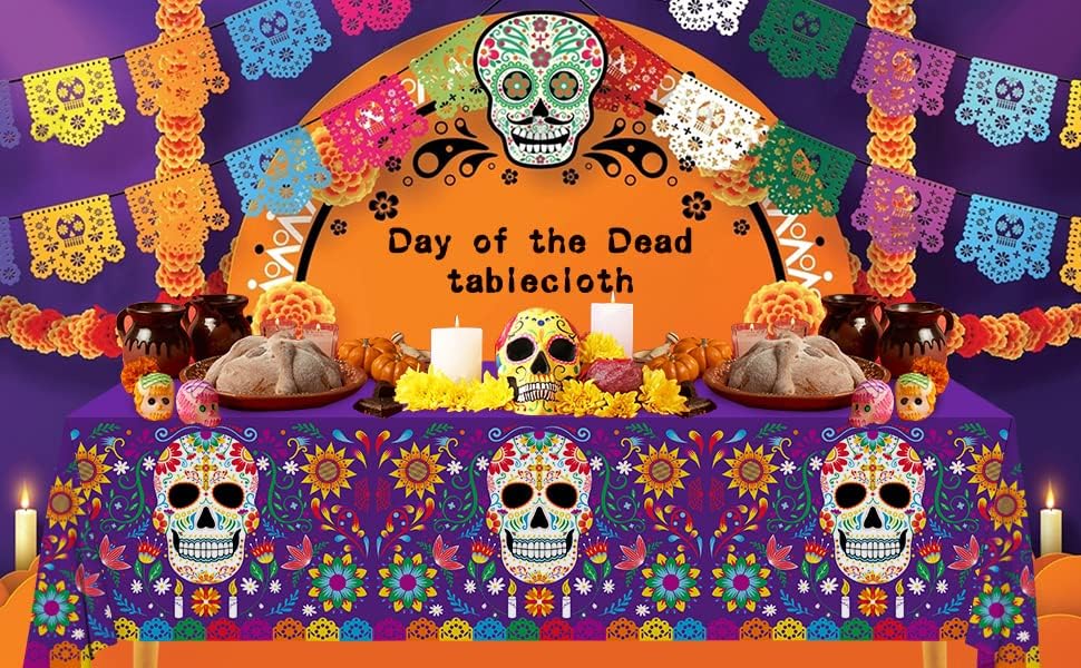 Detalle 2 de Gatherfun Day of the Dead Plastic Tablecloth, 54 x 108 Inches, 3-Pack