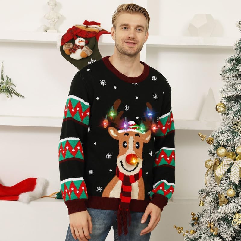 Detalle 2 de MDAI Ugly Christmas Sweater with LED Lights, Reindeer Pattern, 100% Acrylic