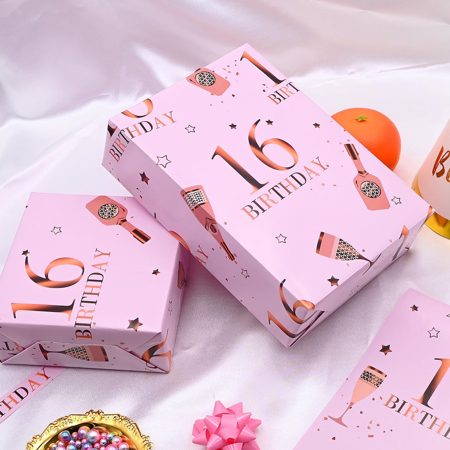 Thumbnail 3 de QRTDXP Pink Gift Wrapping Paper Sheets for 16th Birthday (5 x 50 × 70 cm) – Rose Gold Design